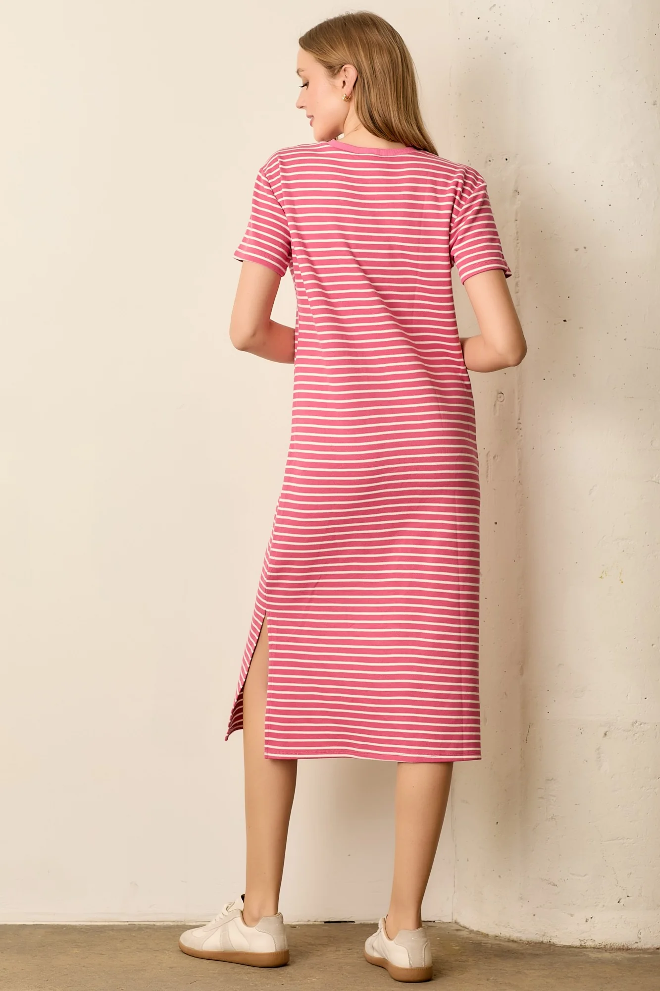 Pink Striped Short Sleeve T-Shirt Midi Dress - Image 3