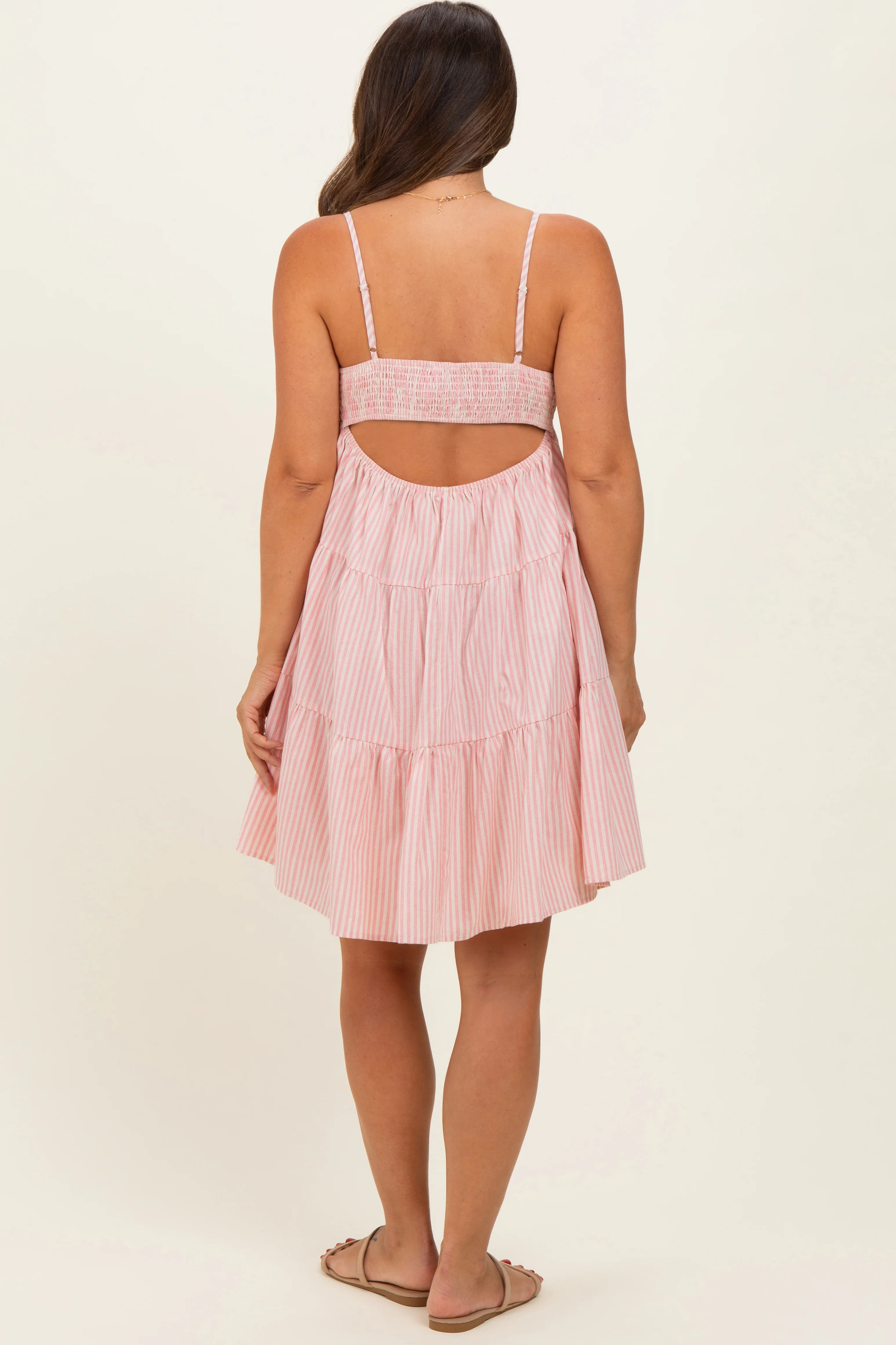 Pink Striped Tiered Cutout Maternity Dress - Image 4