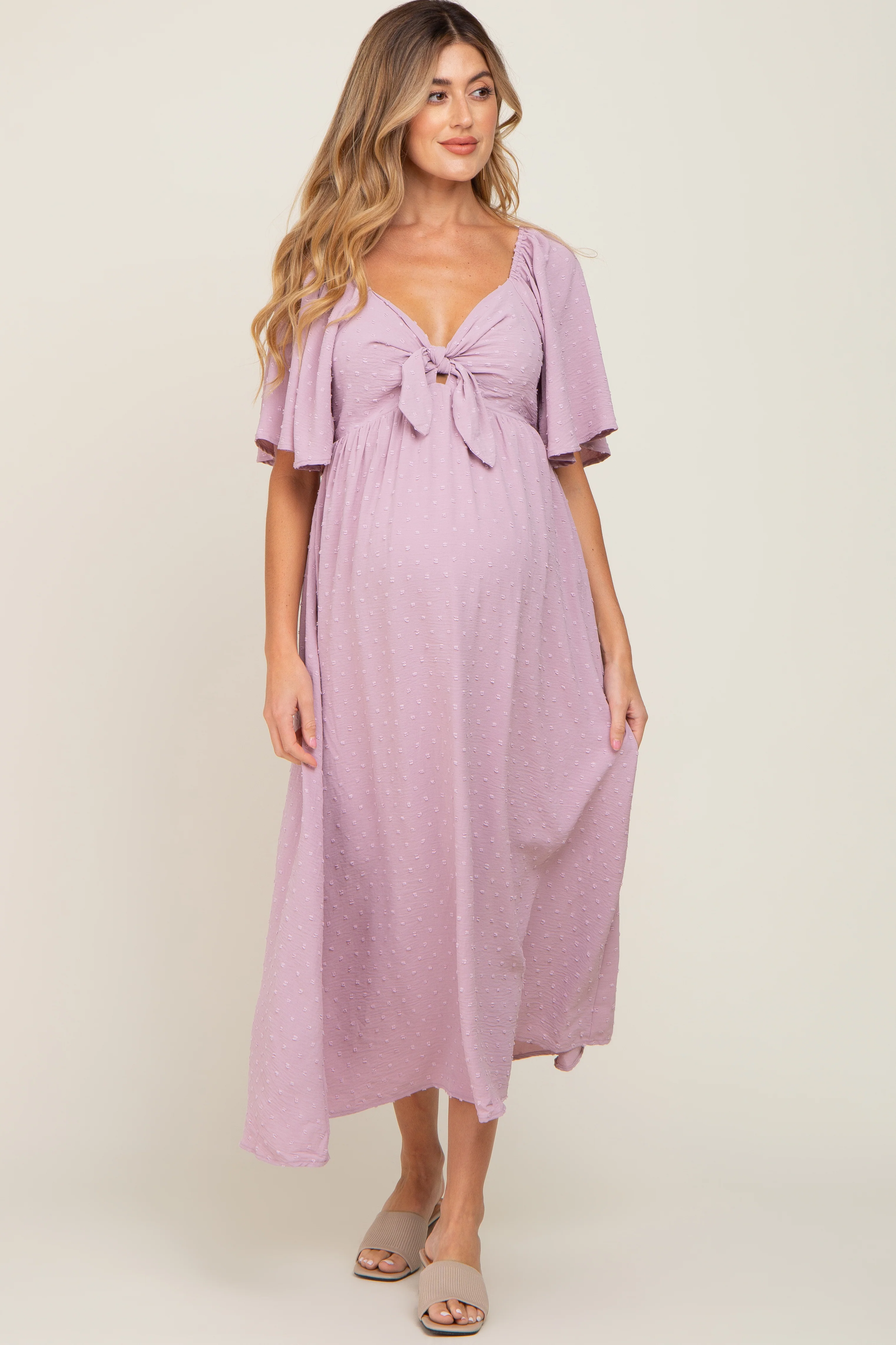 Pink Textured Dot Front Tie Ruffle Sleeve Maternity Midi Dress - Image 5