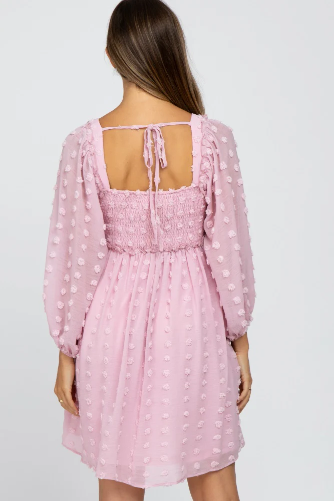 Pink Textured Dot Smocked Square Neck Chiffon Maternity Dress - Image 4