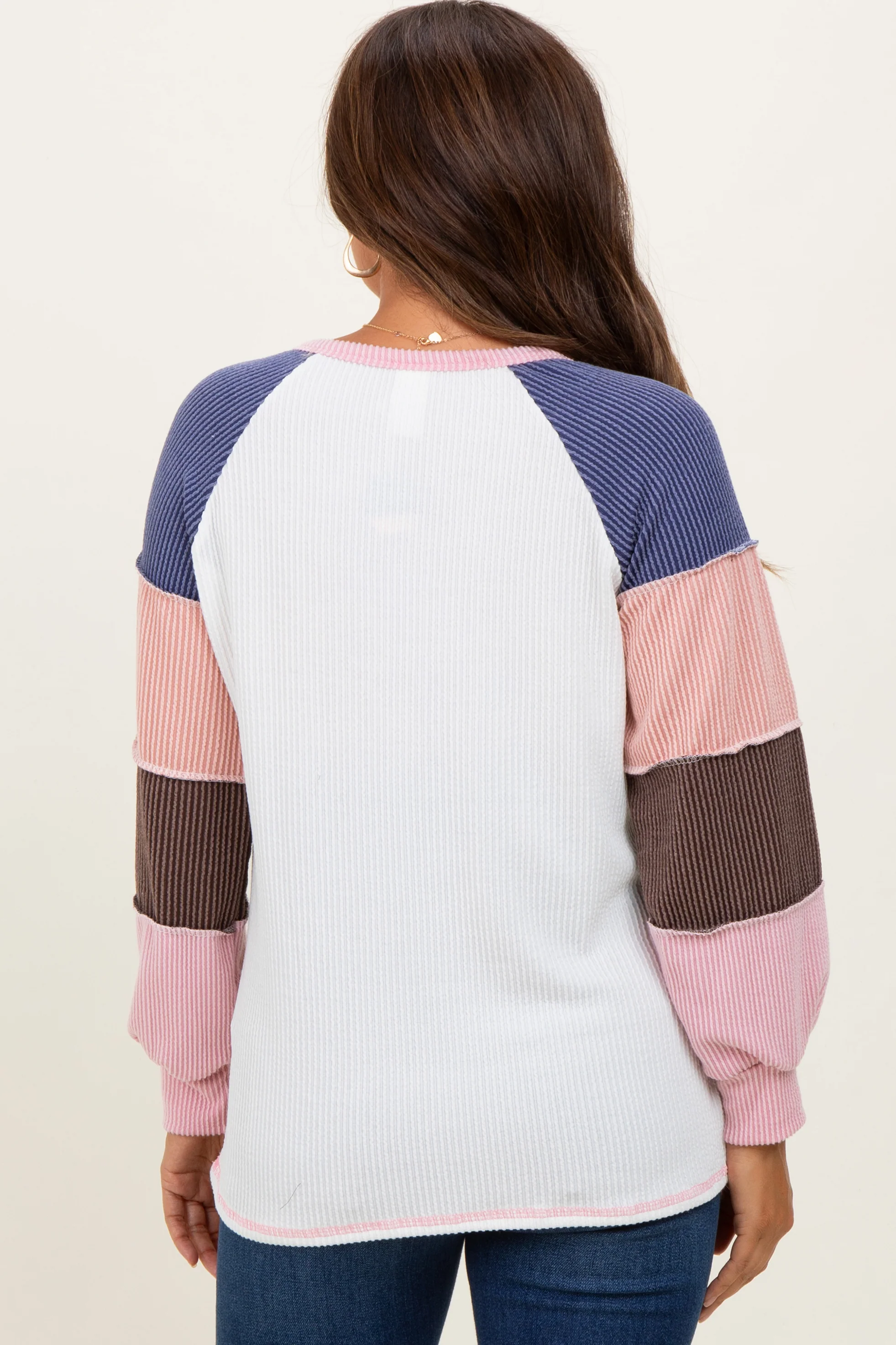 Pink Textured Rib Colorblock Raglan Maternity Long Sleeve - Image 4
