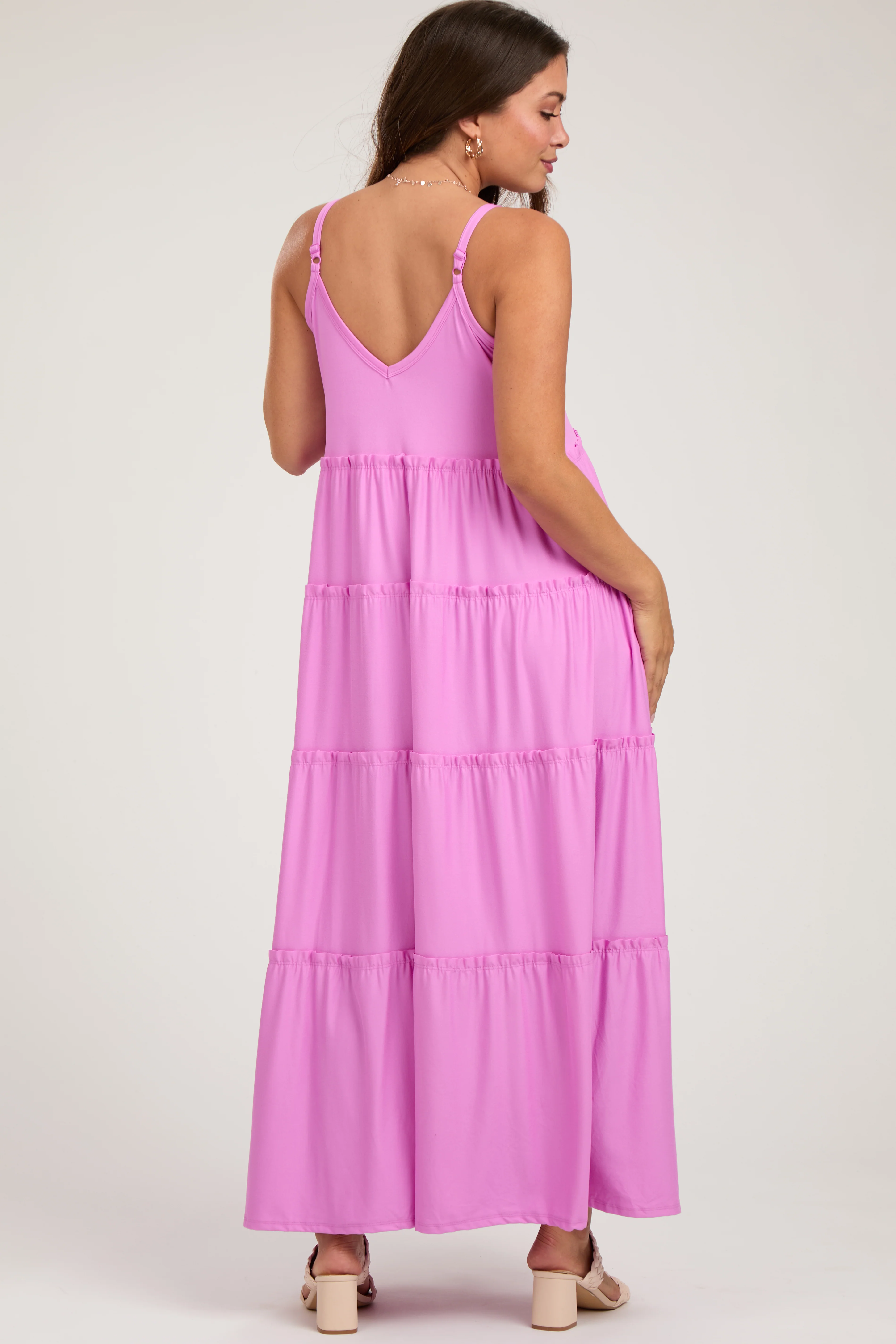 Pink Tiered Sleeveless Maternity Maxi Dress - Image 3