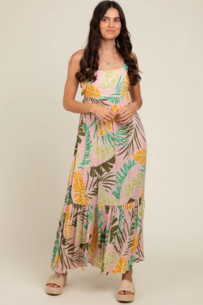 Pink Tropical Print Maternity Maxi Dress - Image 4