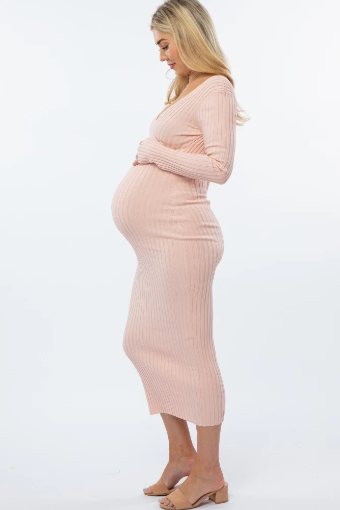 Pink V-Neck Long Sleeve Fitted Maternity Maxi Dress - Image 2