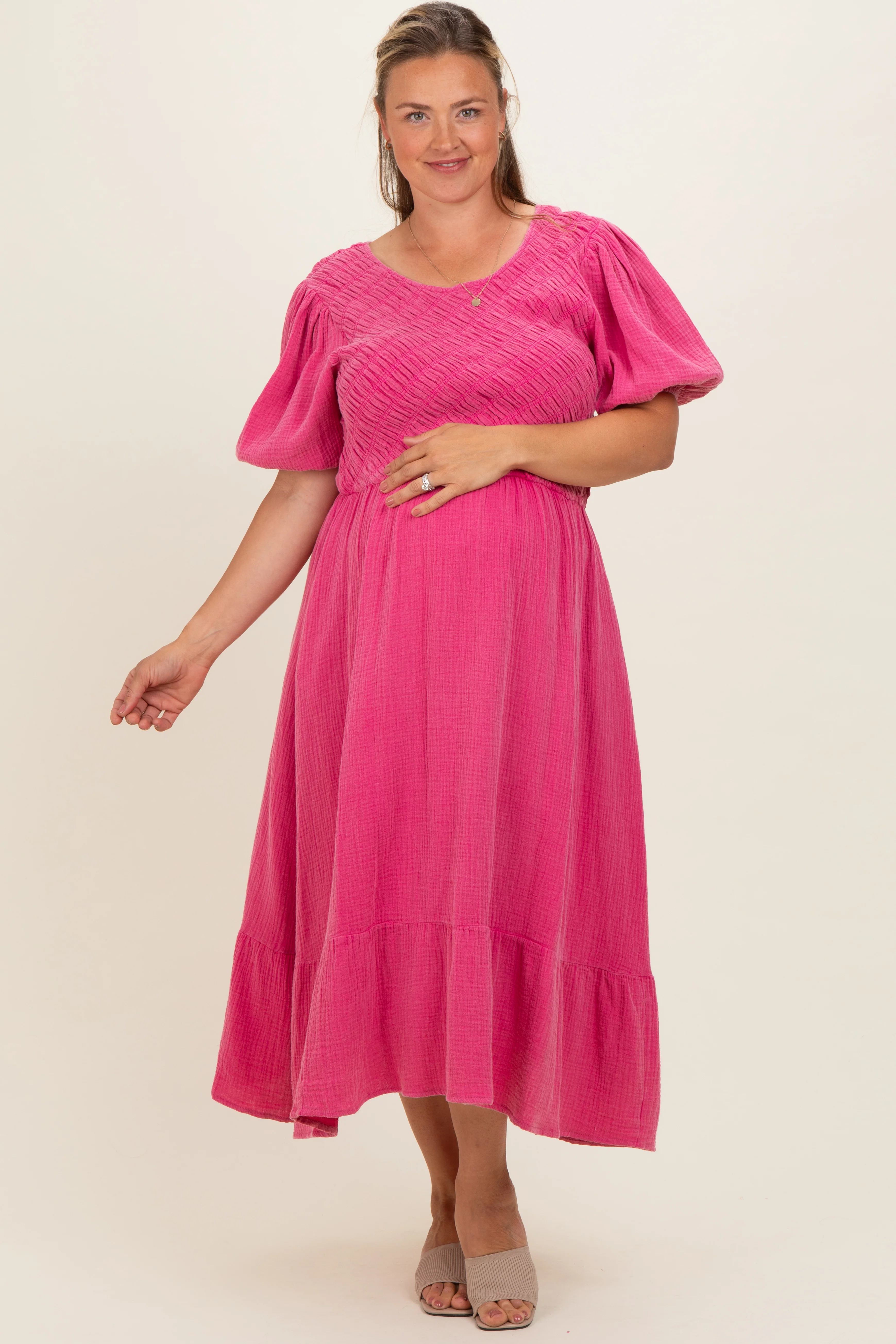 Pink Washed Gauze Smocked Maternity Plus Midi Dress - Image 2