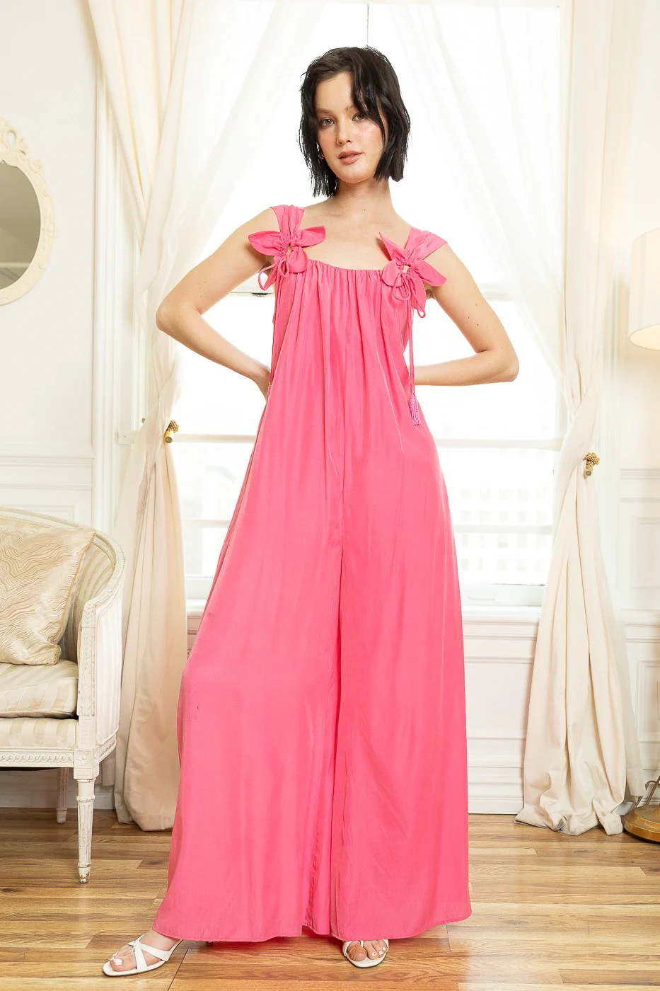 Pink Wide-Leg Sleeveless Bow Tie Straps Maternity Jumpsuit - Image 4