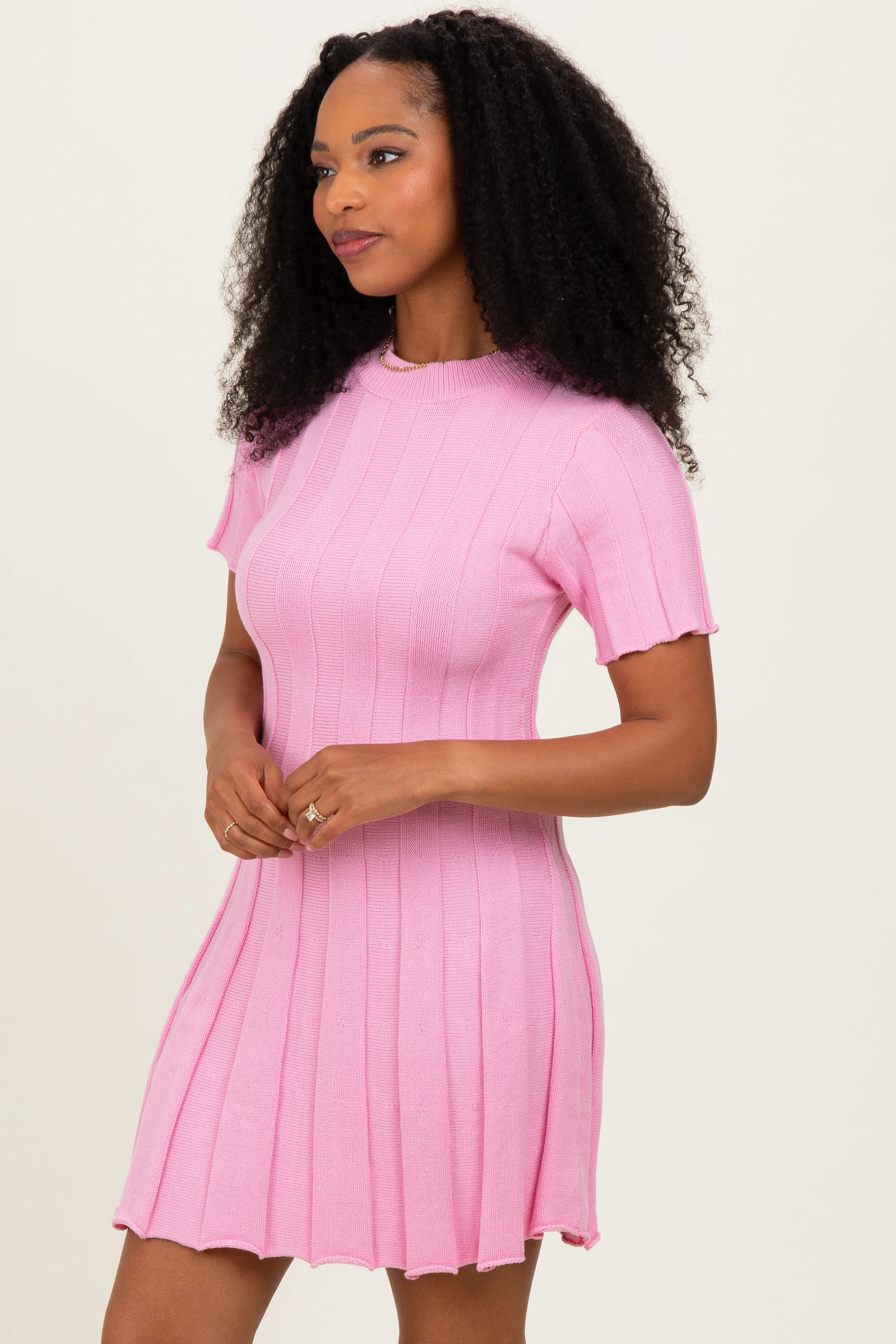 Pink Wide Rib Knit Short Sleeve Mini Dress - Image 3