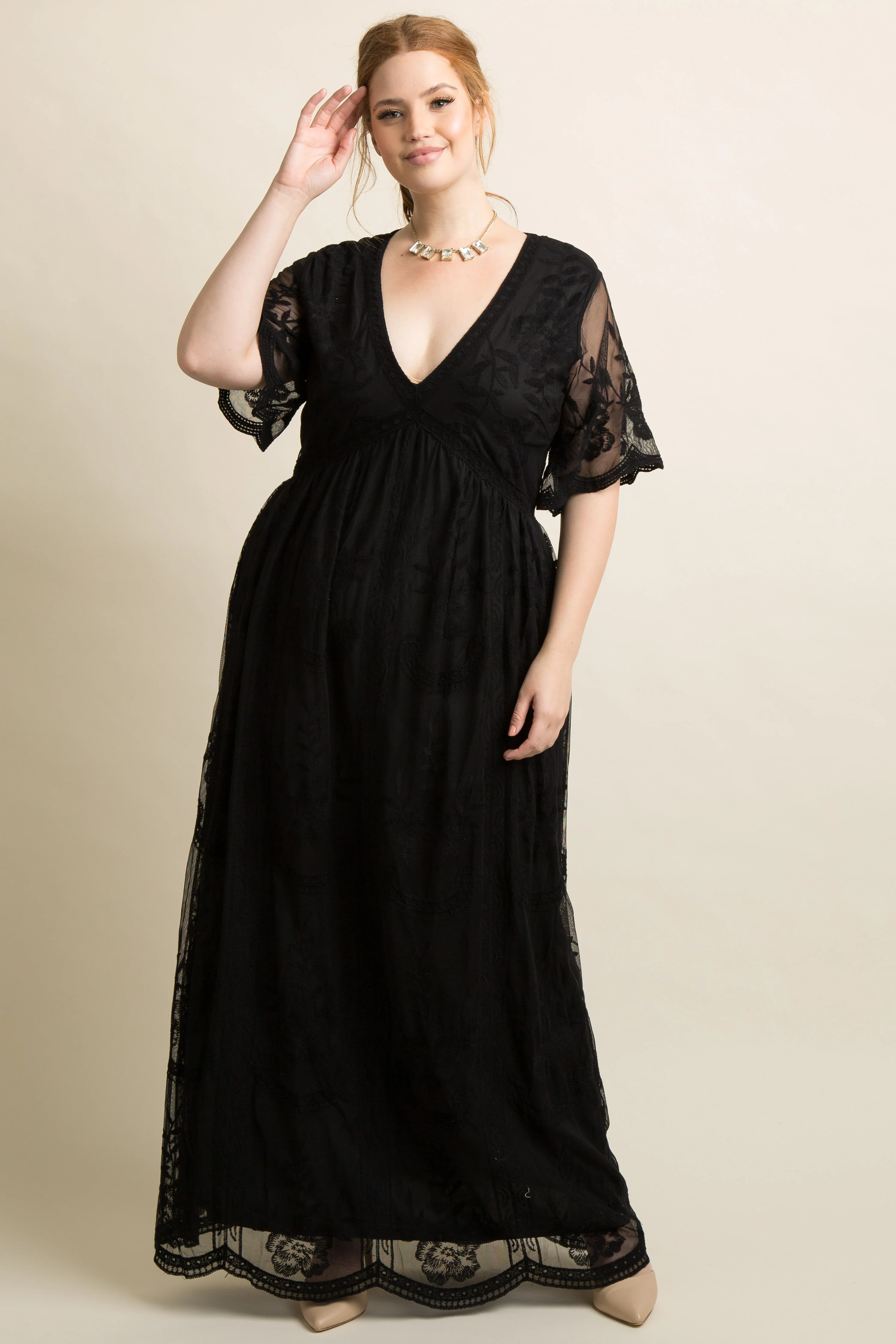 PinkBlush Black Lace Mesh Overlay Maternity Plus Maxi Dress - Image 6