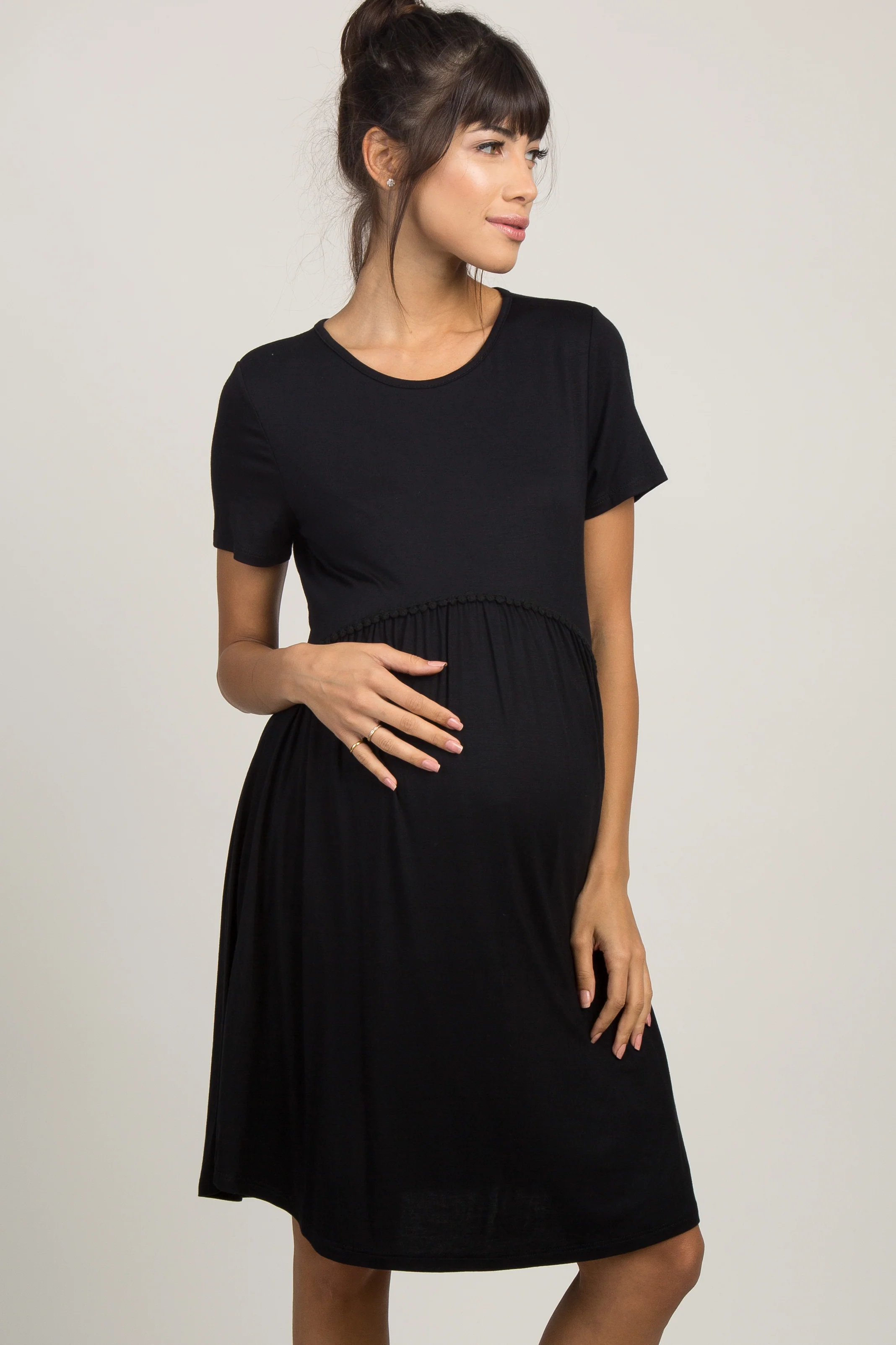 PinkBlush Black Solid Crochet Trim Maternity Shift Dress - Image 2