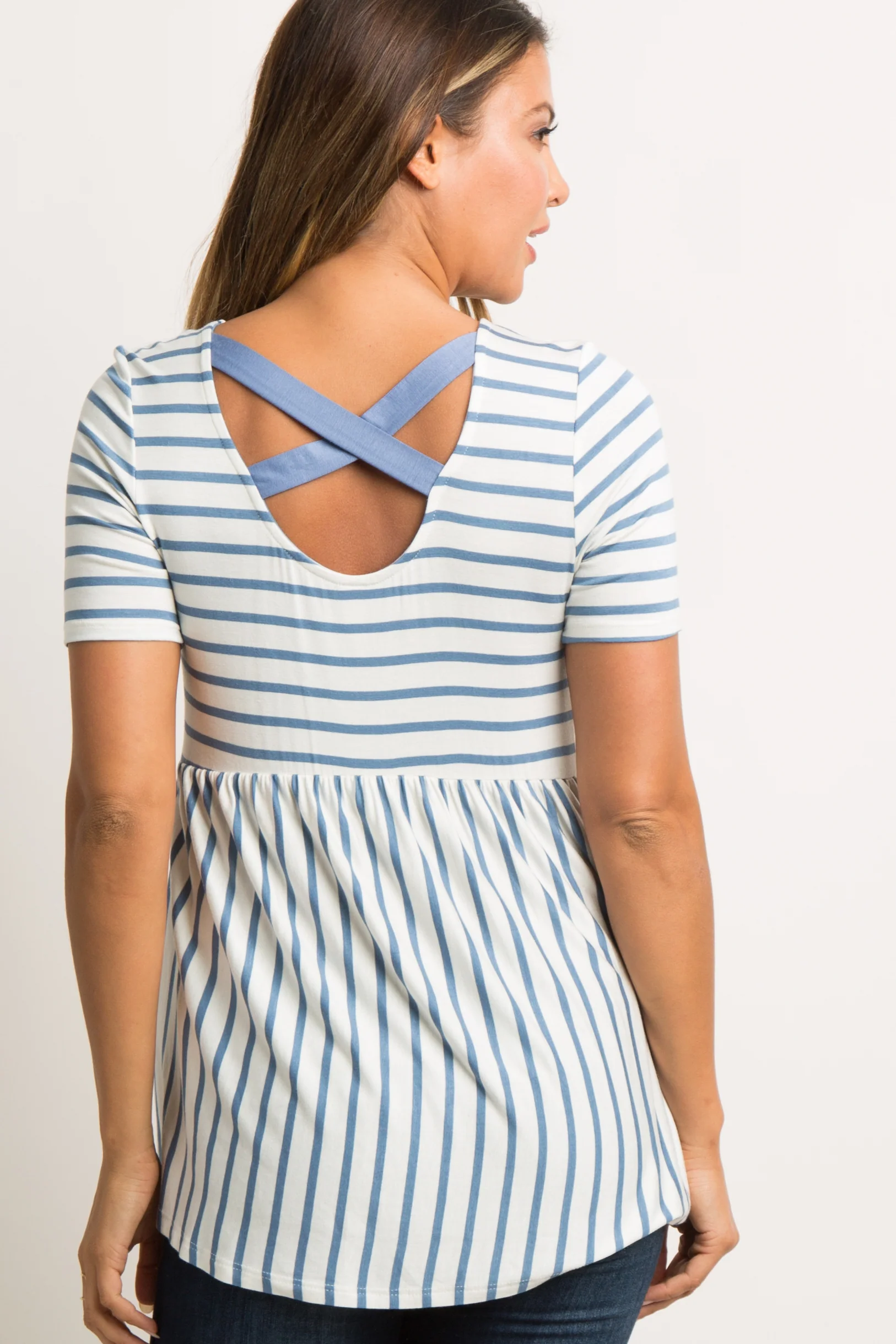 PinkBlush Blue Striped Cross Back Peplum Top - Image 3