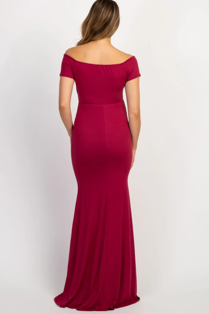 PinkBlush Burgundy Off Shoulder Wrap Maternity Photoshoot Gown/Dress - Image 3
