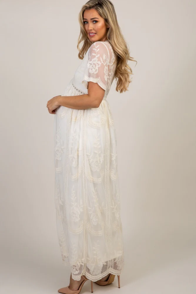 PinkBlush Cream Lace Mesh Overlay Maternity Maxi Dress - Image 2