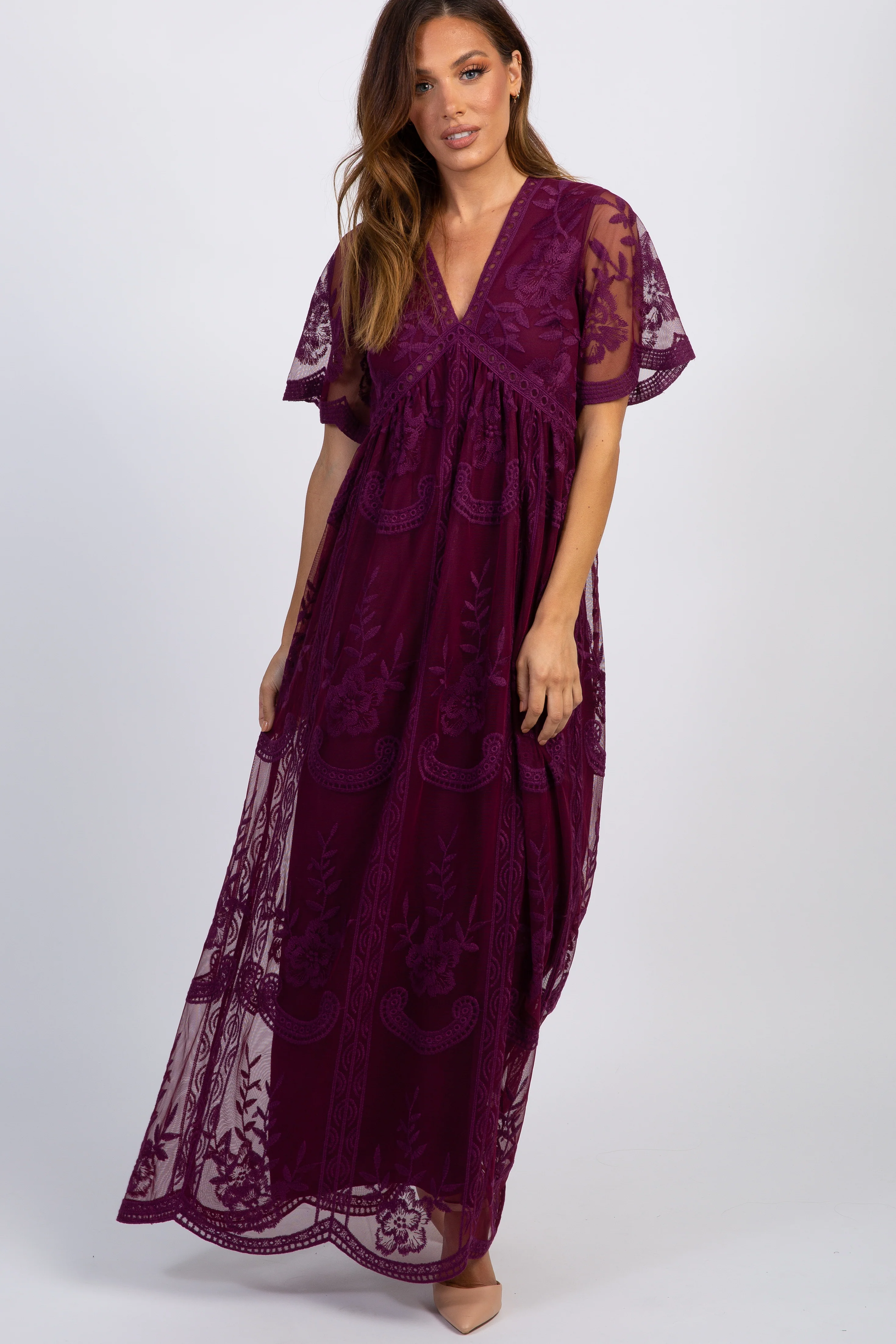 PinkBlush Deep Burgundy Lace Mesh Overlay Maxi Dress - Image 2
