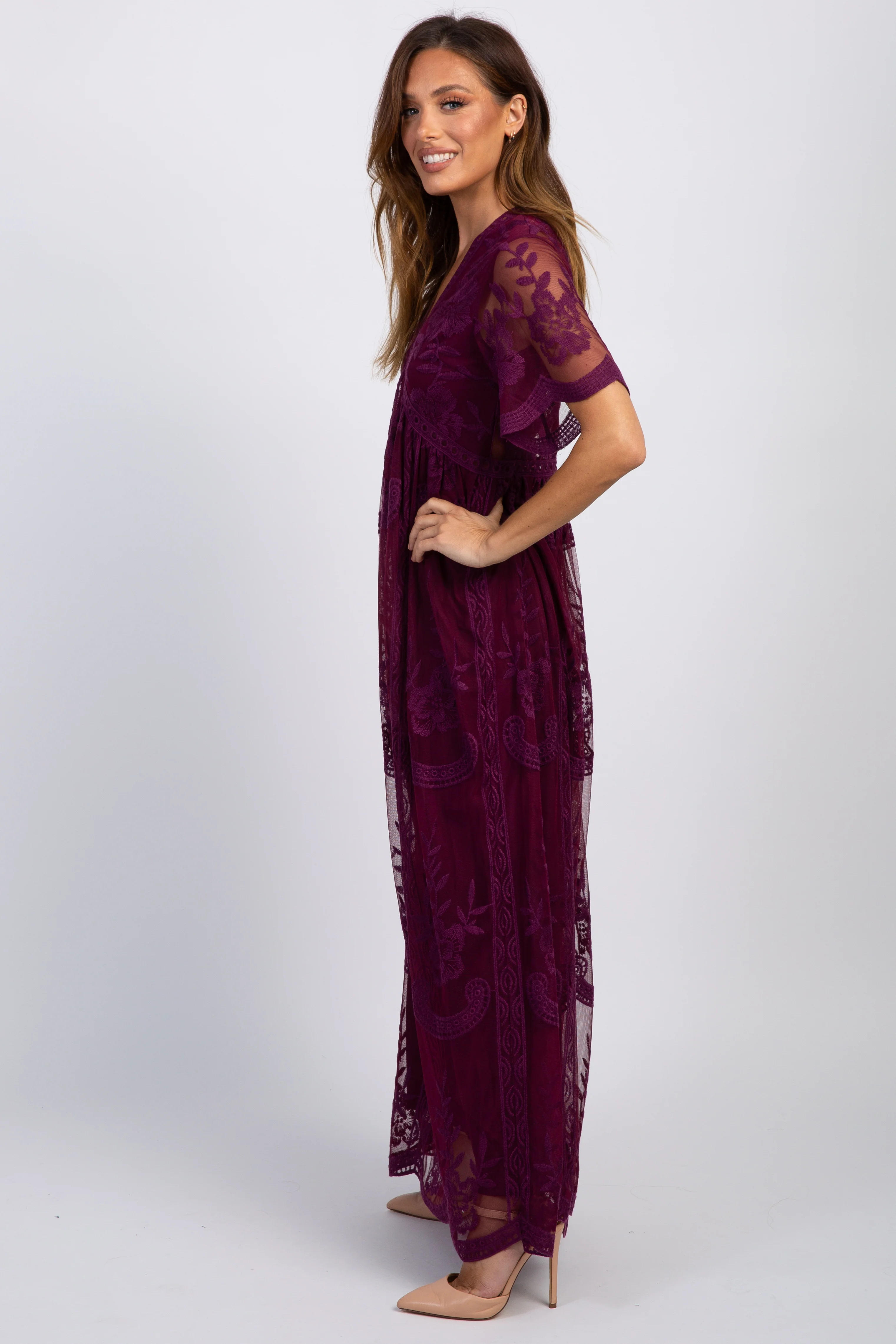PinkBlush Deep Burgundy Lace Mesh Overlay Maxi Dress - Image 3