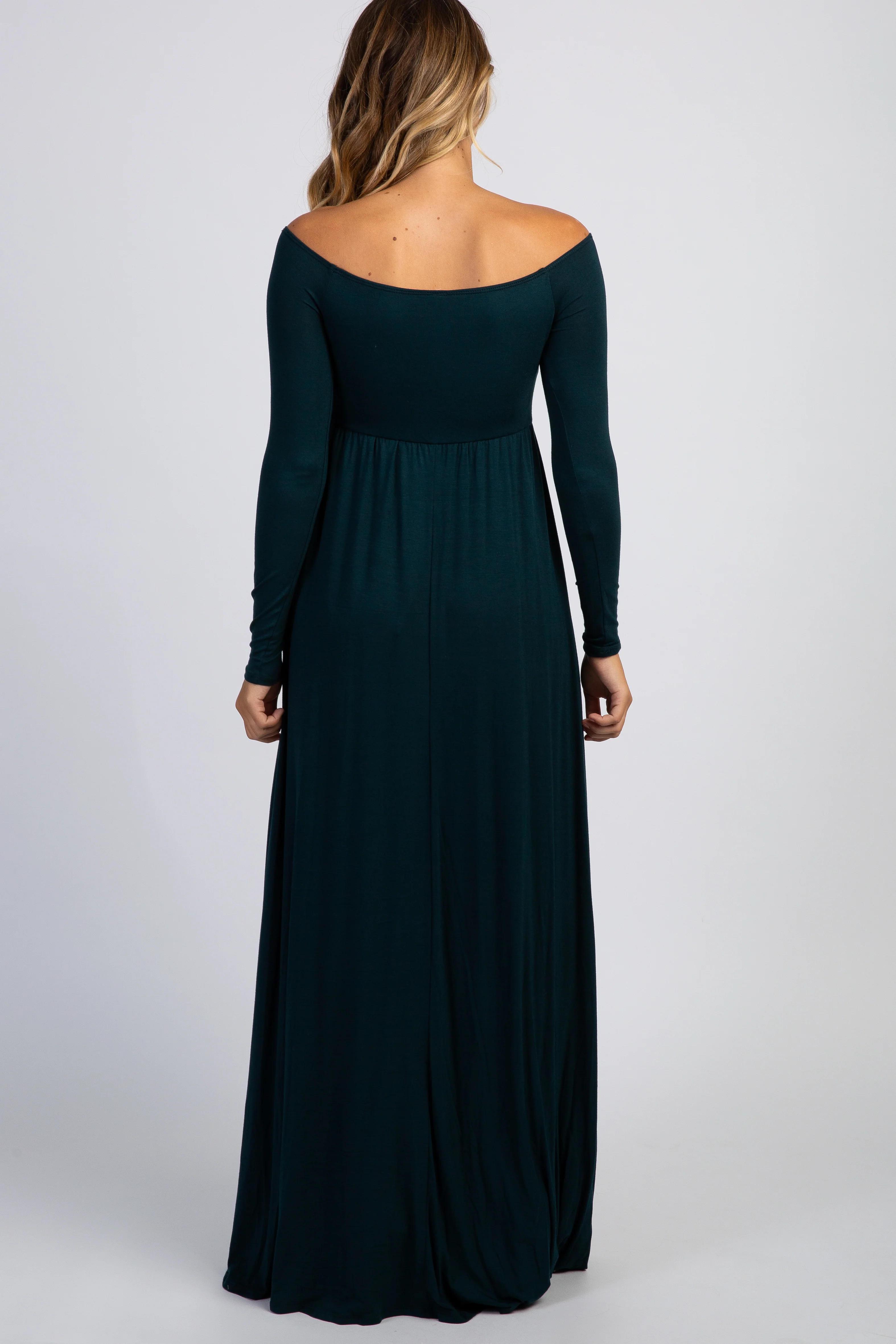 PinkBlush Forest Green Solid Off Shoulder Maternity Maxi Dress - Image 3