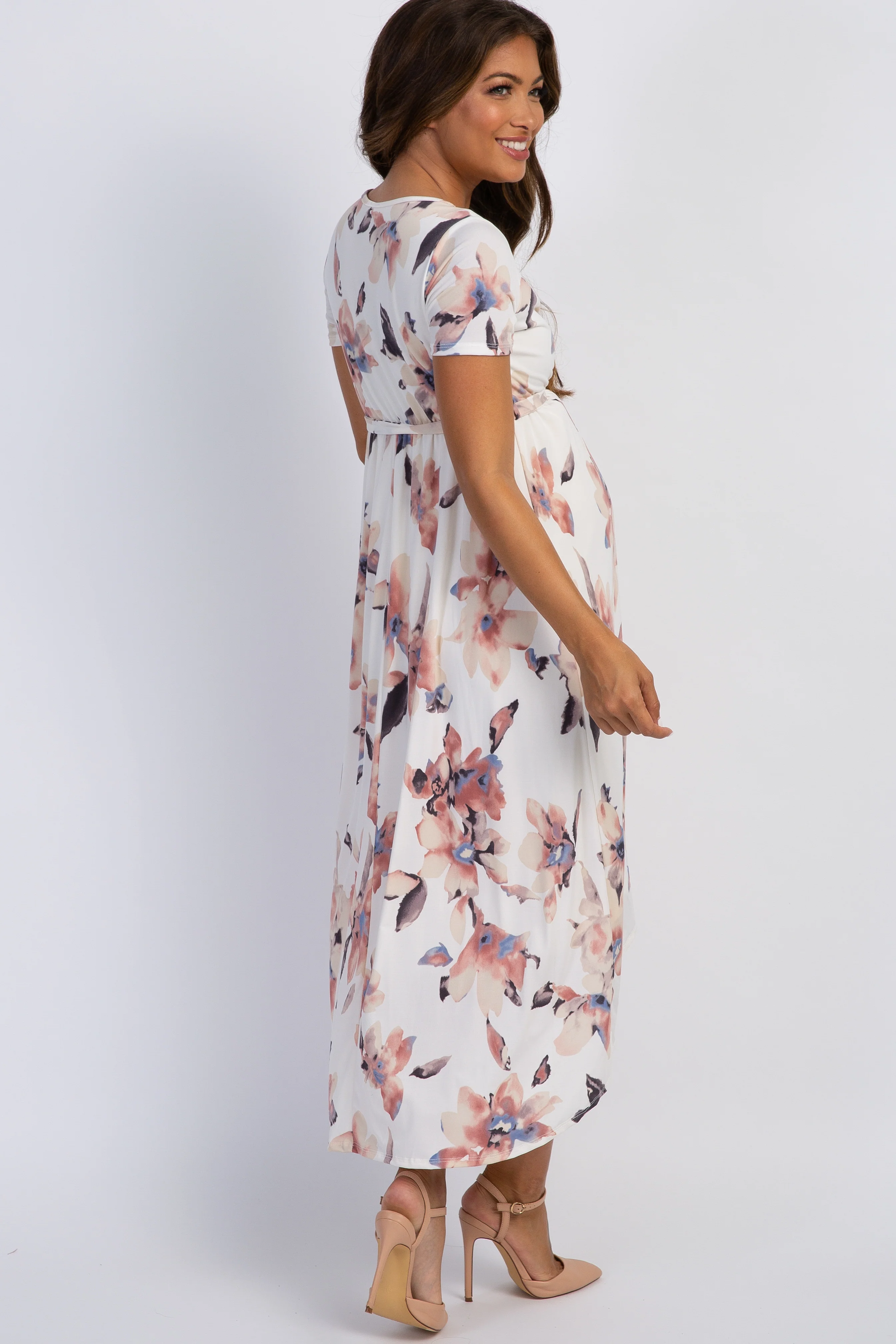 PinkBlush Ivory Watercolor Floral Hi-Low Maternity Wrap Dress - Image 3