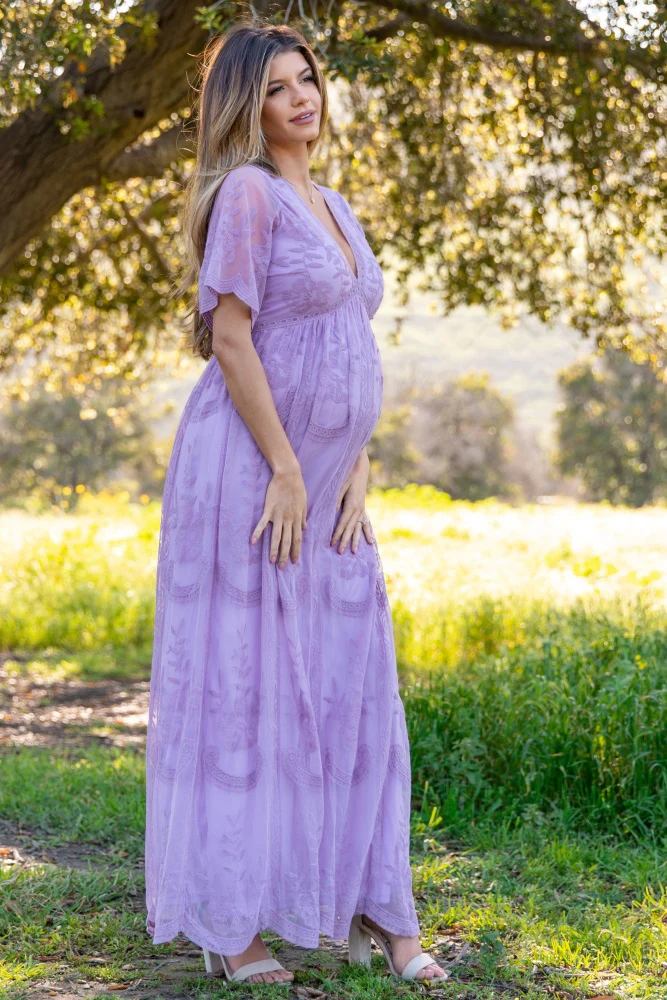 PinkBlush Lavender Lace Mesh Overlay Maternity Maxi Dress - Image 4