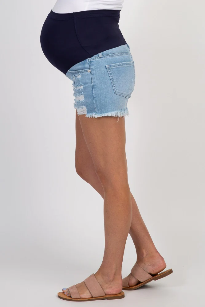 PinkBlush Light Blue Distressed Raw Hem Maternity Denim Shorts - Image 3