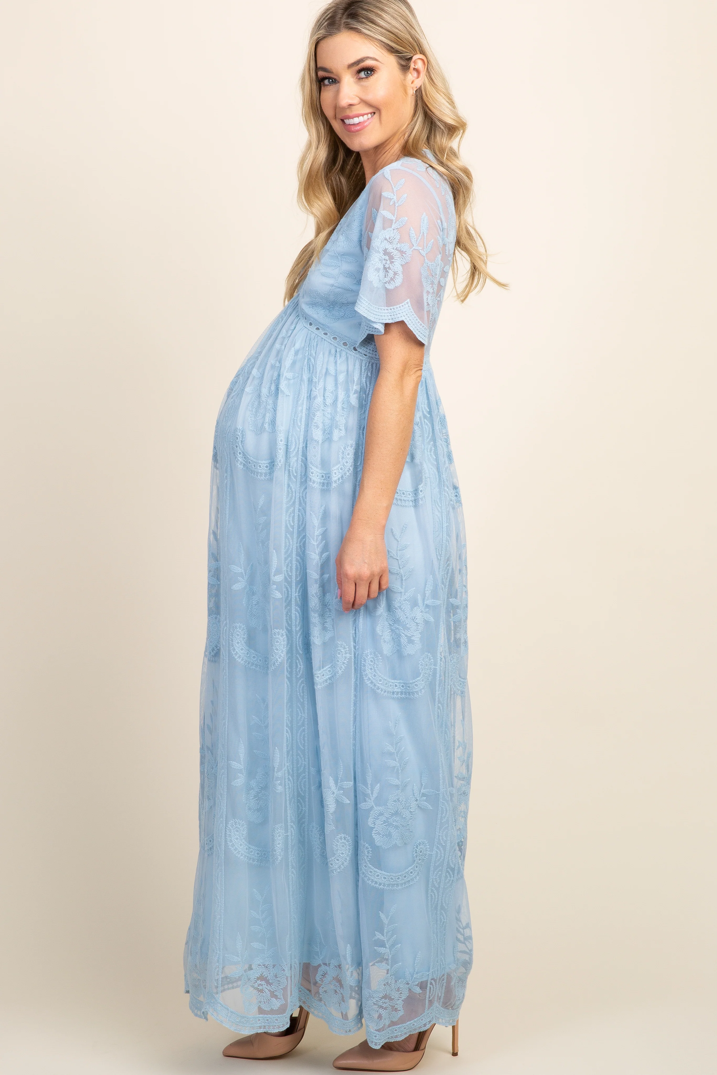 PinkBlush Light Blue Lace Mesh Overlay Maternity Maxi Dress - Image 2