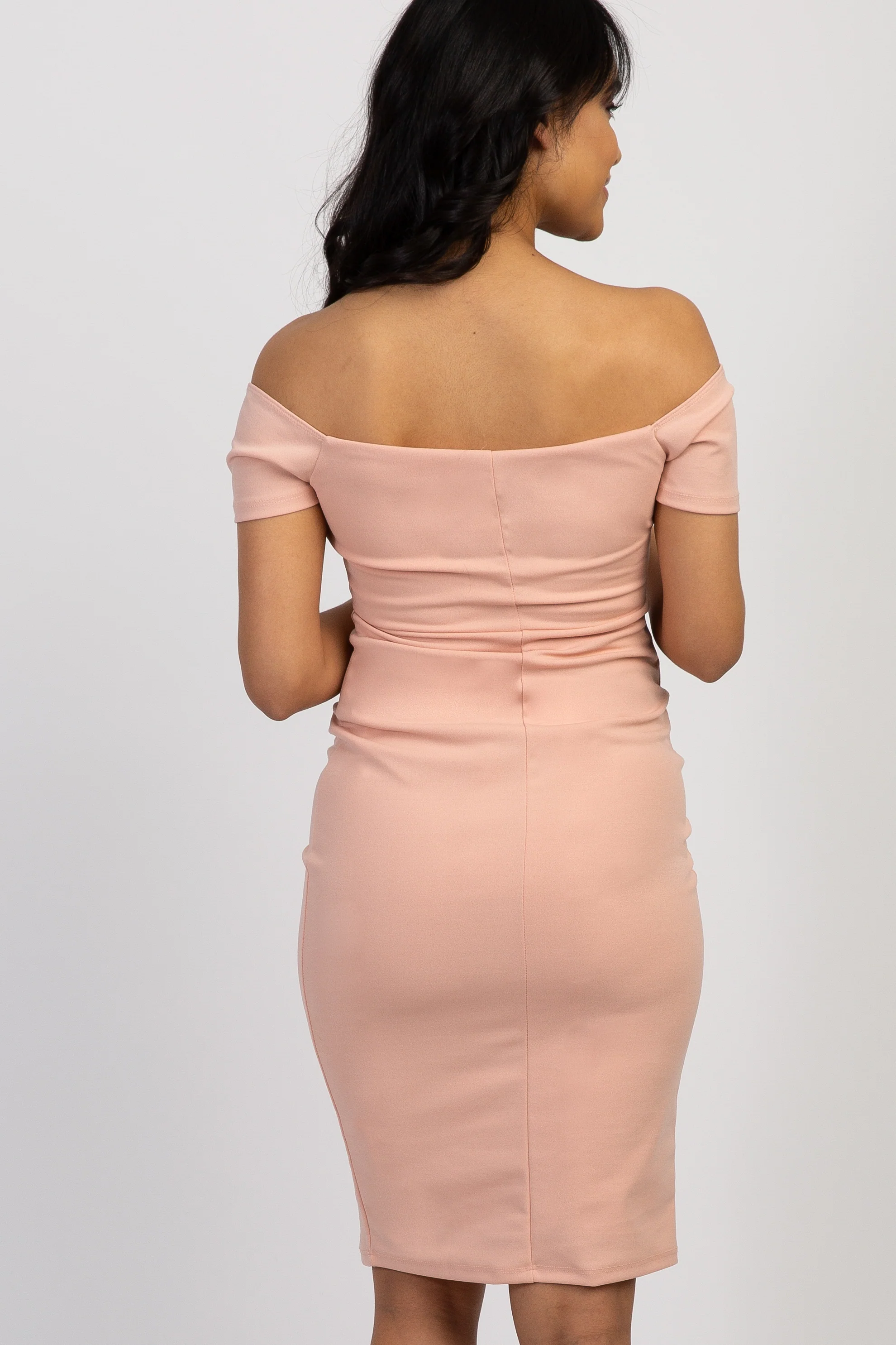 PinkBlush Light Pink Solid Off Shoulder Maternity Fitted Dress - Image 4