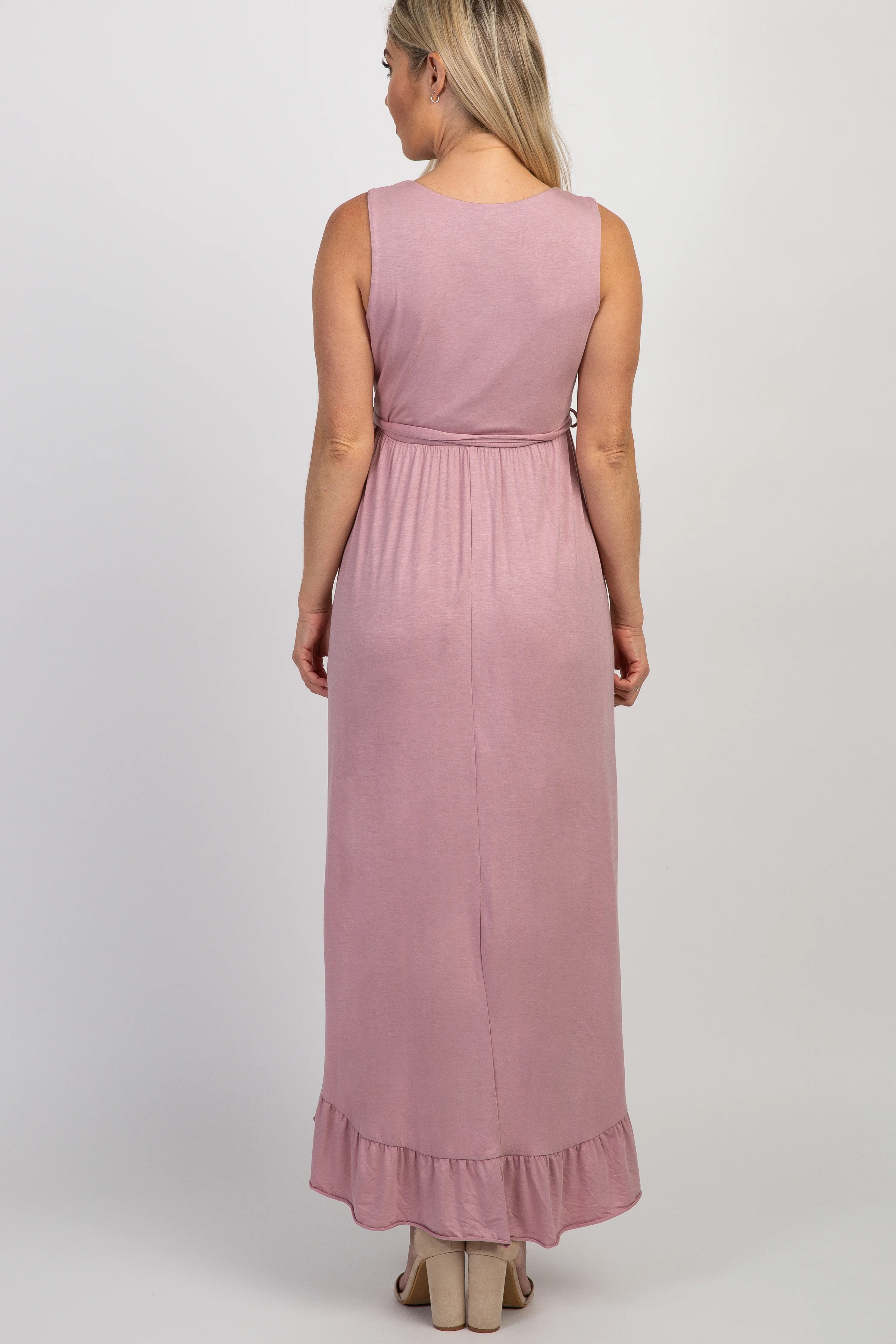 PinkBlush Mauve Sleeveless Hi-Low Ruffle Trim Maternity Maxi Dress - Image 3