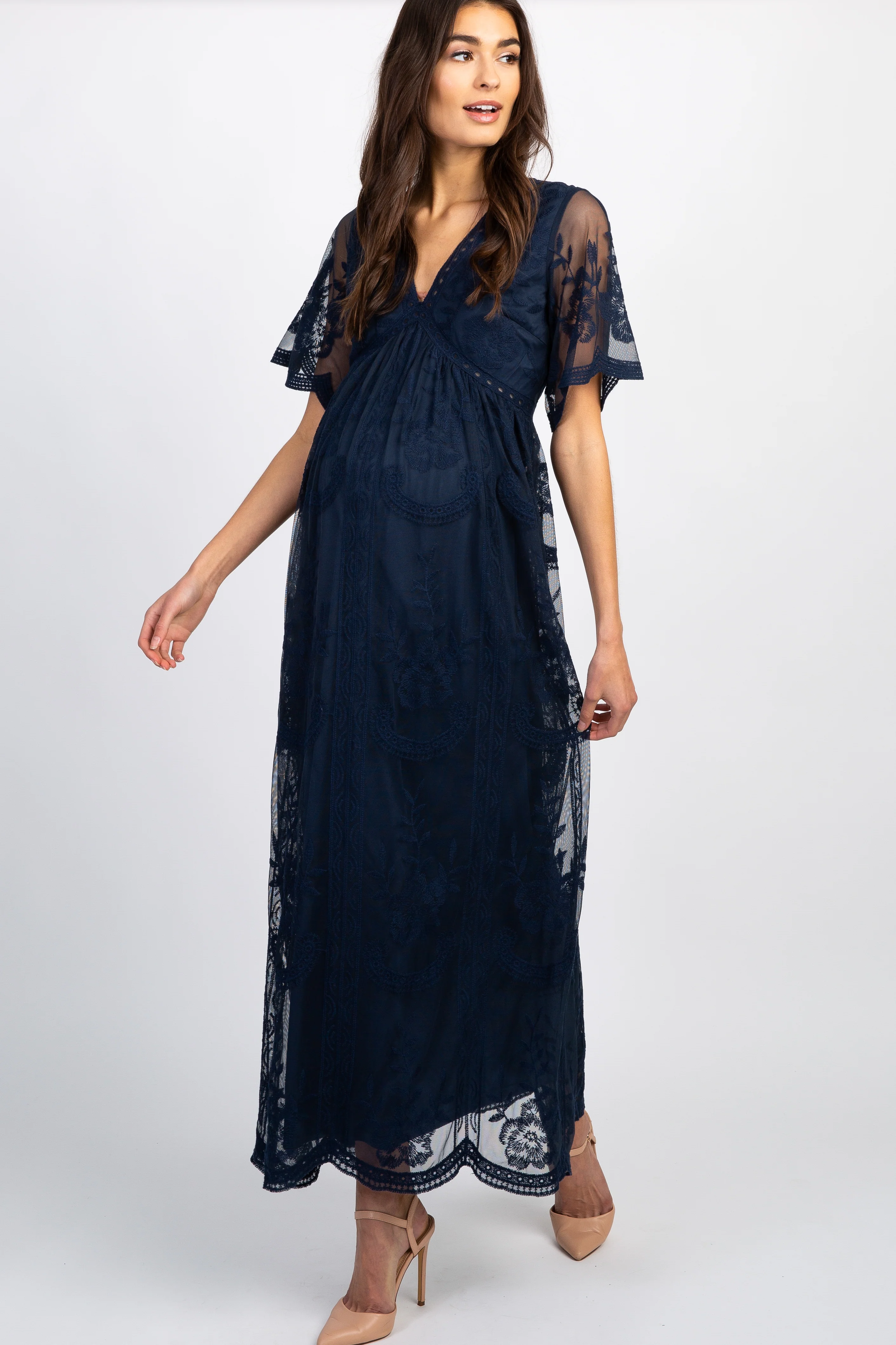 PinkBlush Navy Blue Lace Mesh Overlay Maternity Maxi Dress - Image 3