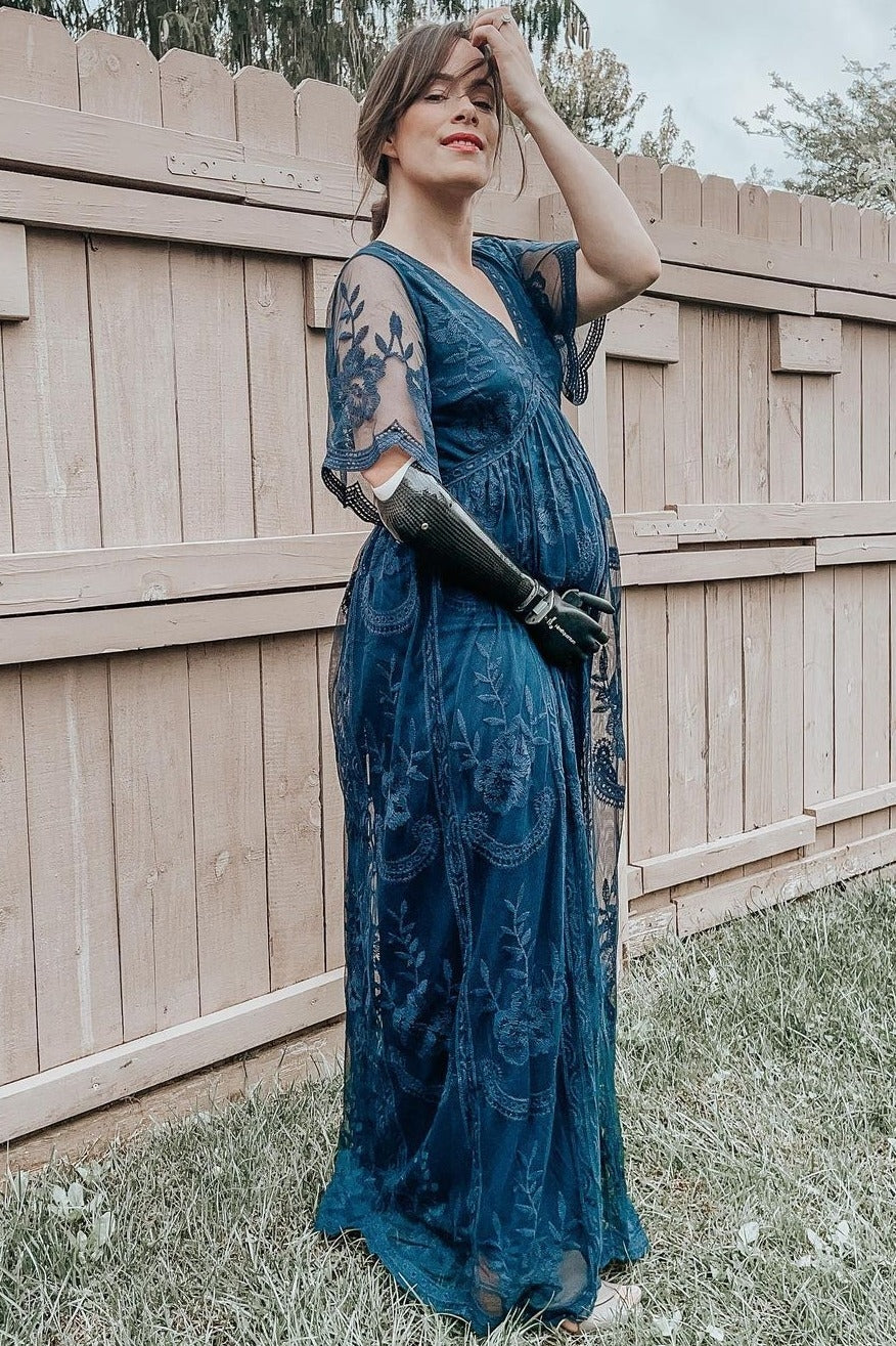 PinkBlush Navy Blue Lace Mesh Overlay Maternity Maxi Dress - Image 5