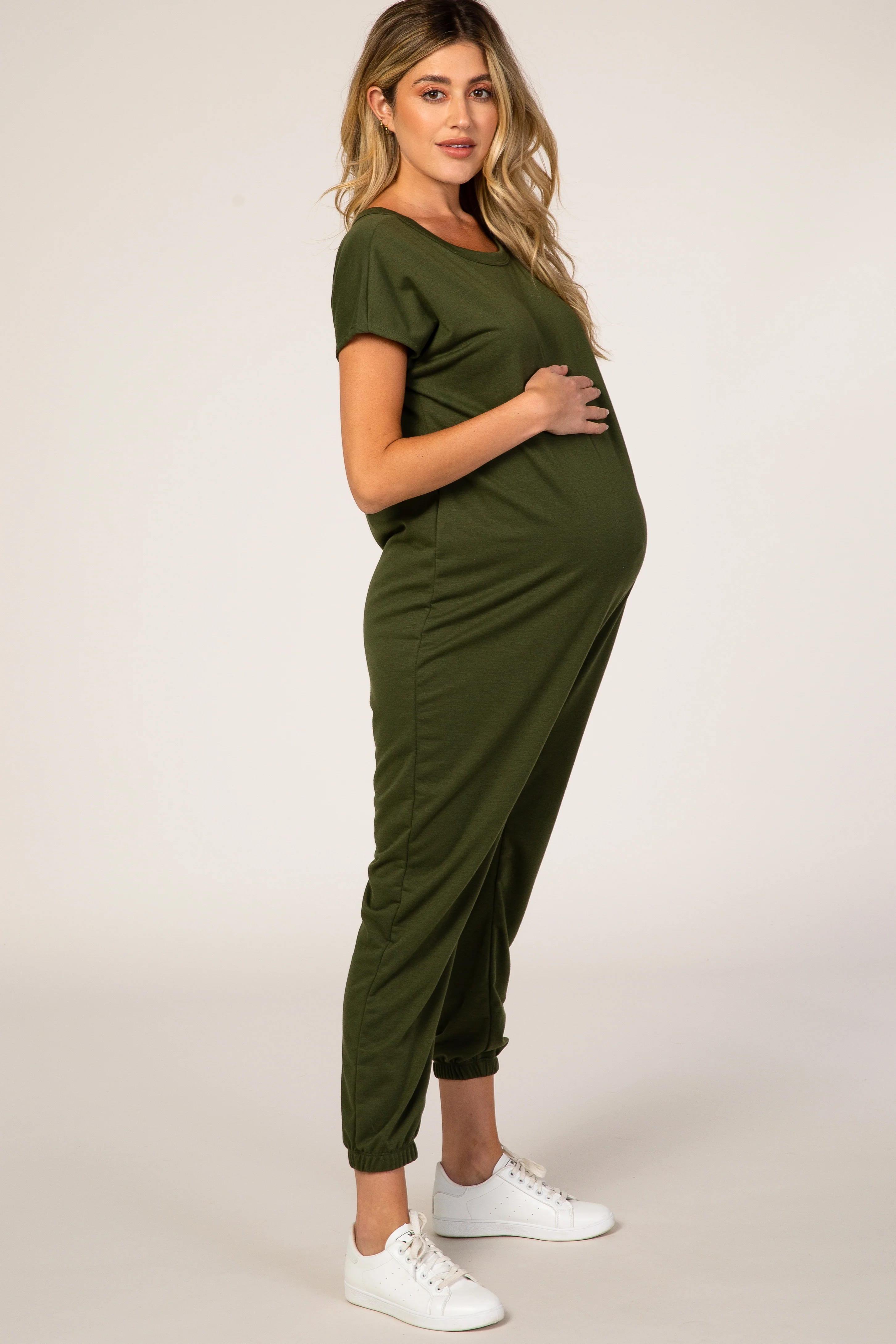 PinkBlush Olive Green Short Sleeve Maternity Jumpsuit - Image 2