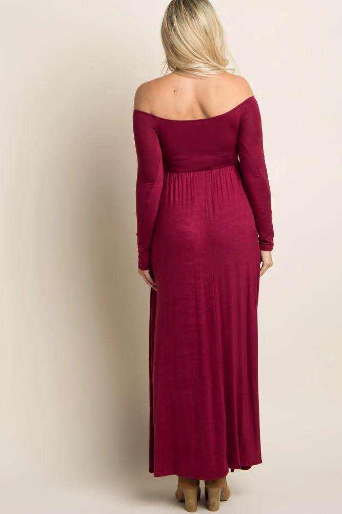 PinkBlush Petite Dark Burgundy Solid Off Shoulder Maternity Maxi Dress - Image 3