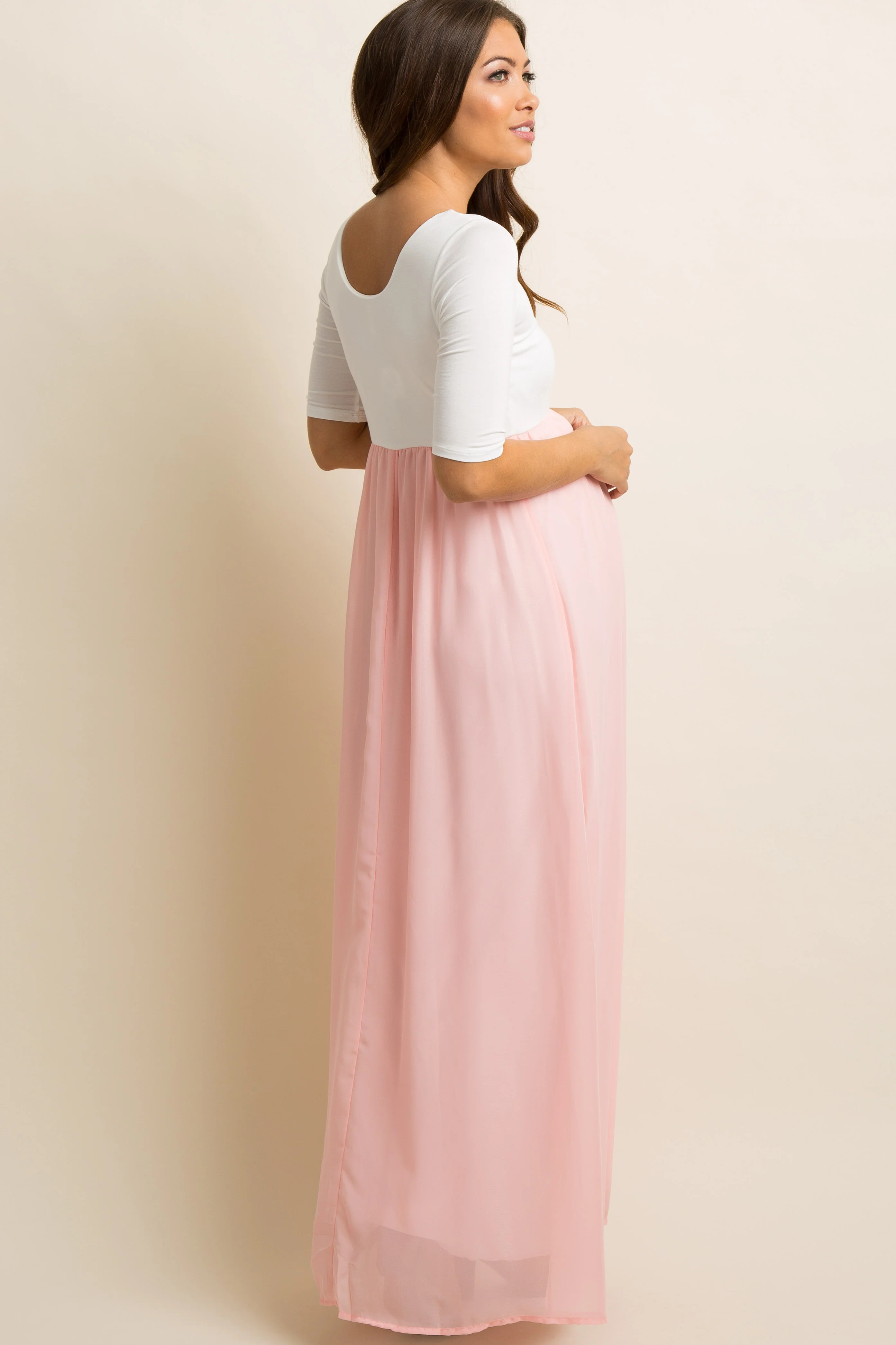 PinkBlush Petite Light Pink Chiffon Colorblock Maternity Maxi Dress - Image 5