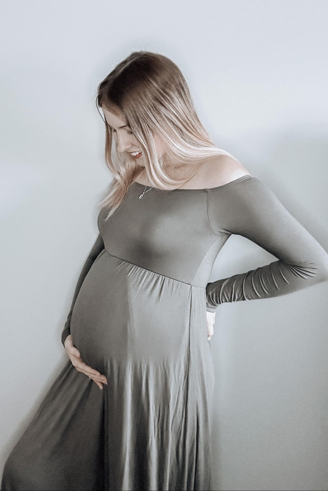 PinkBlush Petite Olive Solid Off Shoulder Maternity Maxi Dress - Image 6