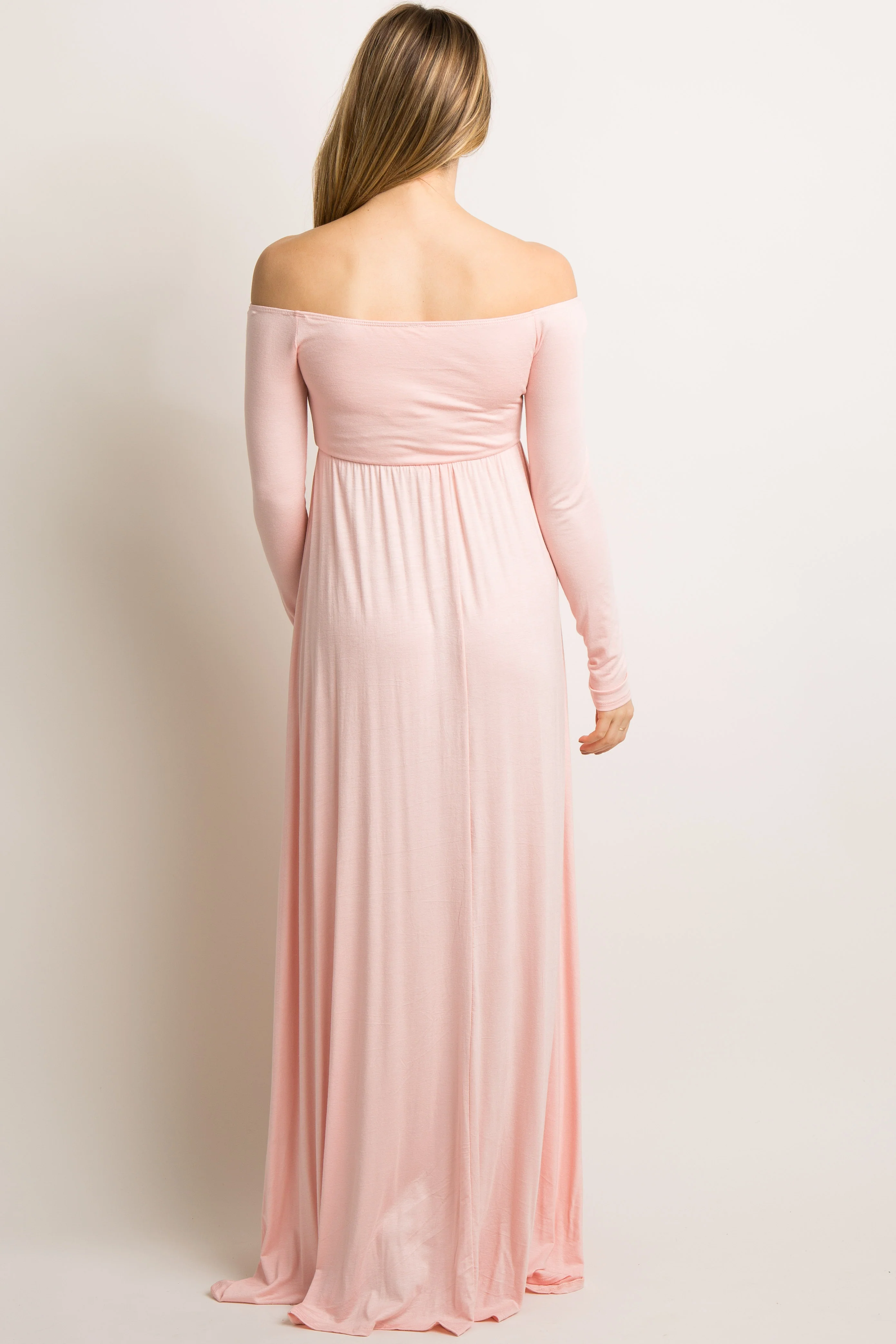 PinkBlush Petite Pink Solid Off Shoulder Maternity Maxi Dress - Image 5