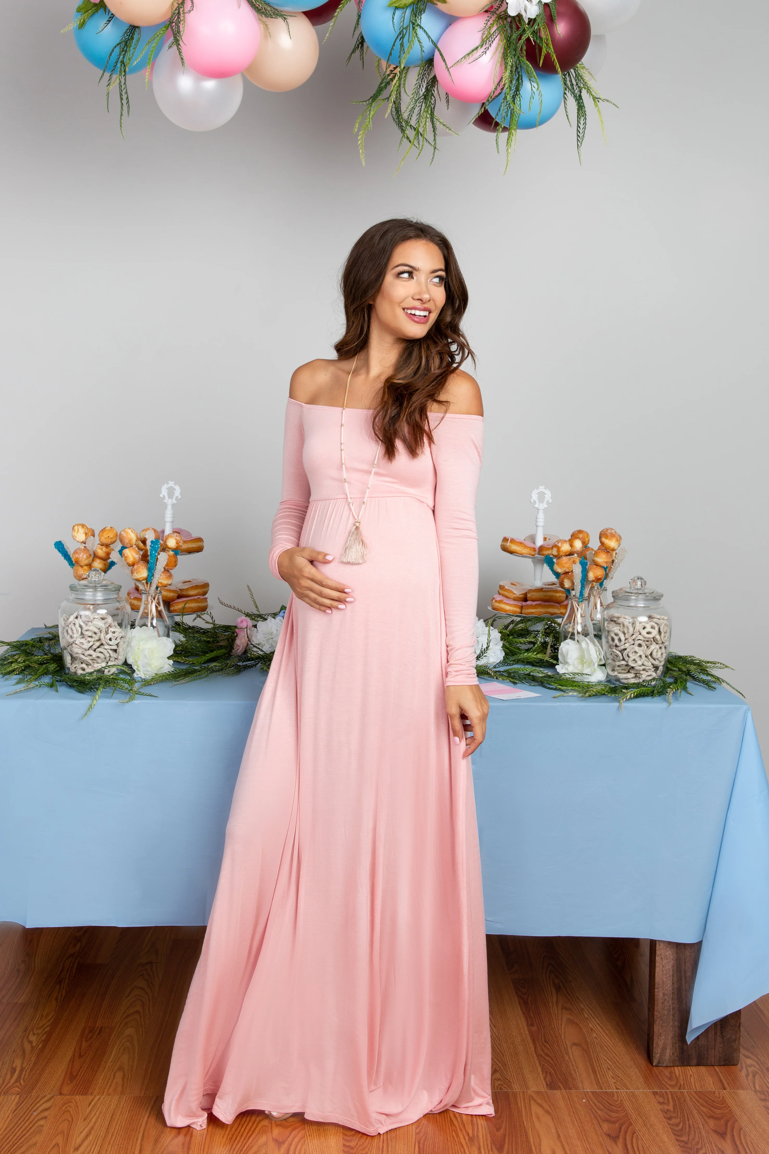 PinkBlush Petite Pink Solid Off Shoulder Maternity Maxi Dress - Image 6