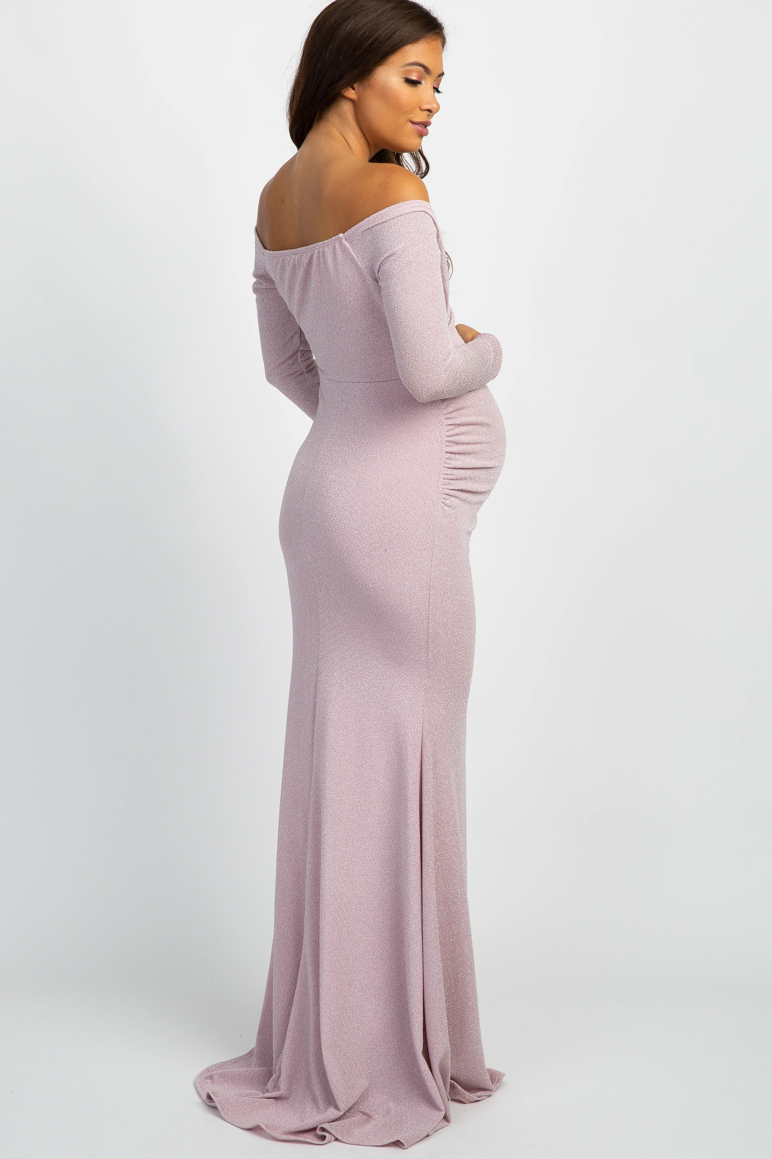 PinkBlush Pink Metallic Off Shoulder Long Sleeve Wrap Maternity Photoshoot Gown/Dress - Image 3