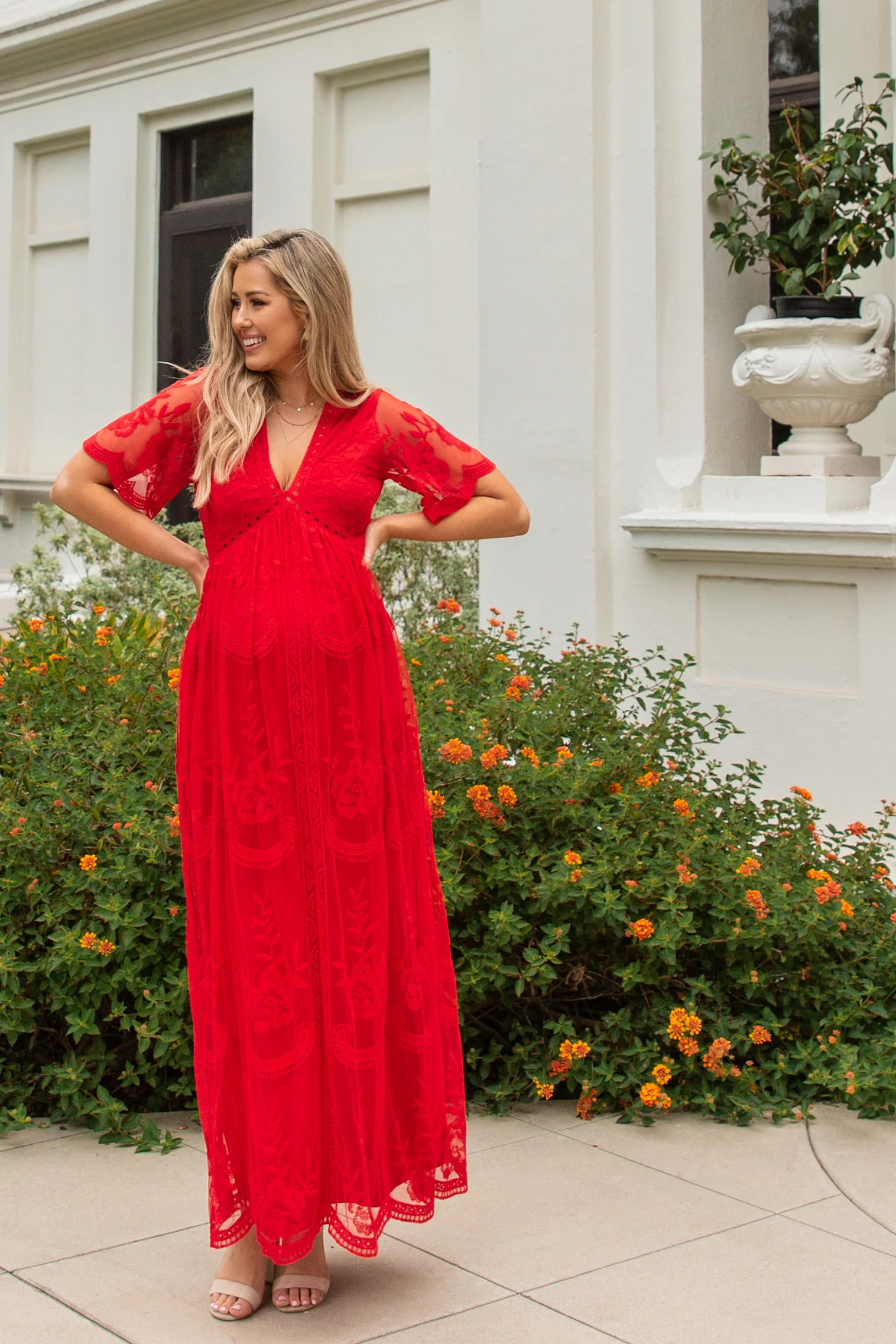 PinkBlush Red Lace Mesh Overlay Maternity Maxi Dress - Image 5