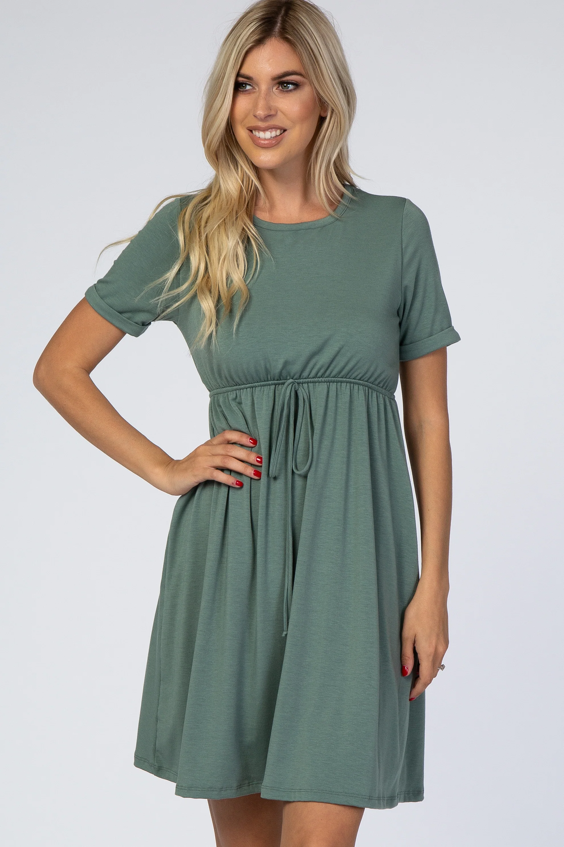PinkBlush Sage Green Cuff Sleeve Waist Tie Dress - Image 2