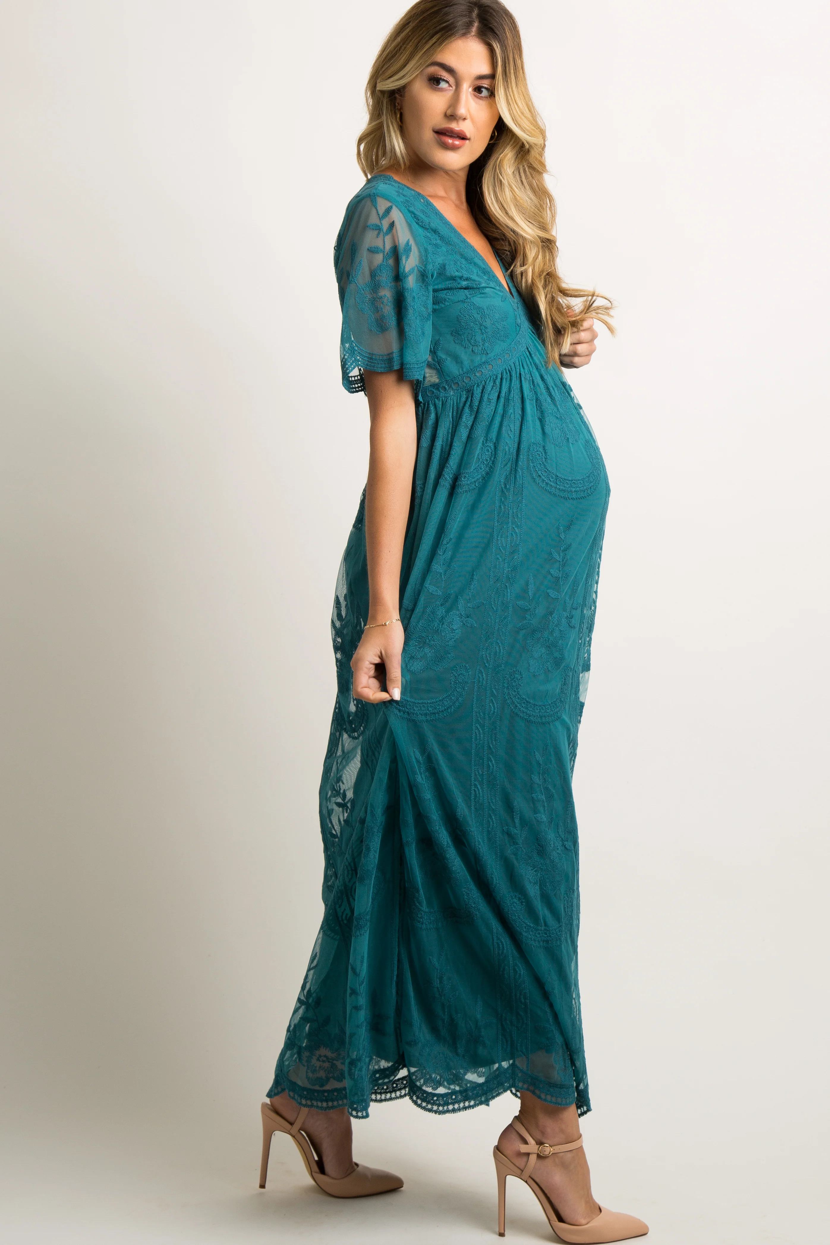 PinkBlush Teal Lace Mesh Overlay Maternity Maxi Dress - Image 2