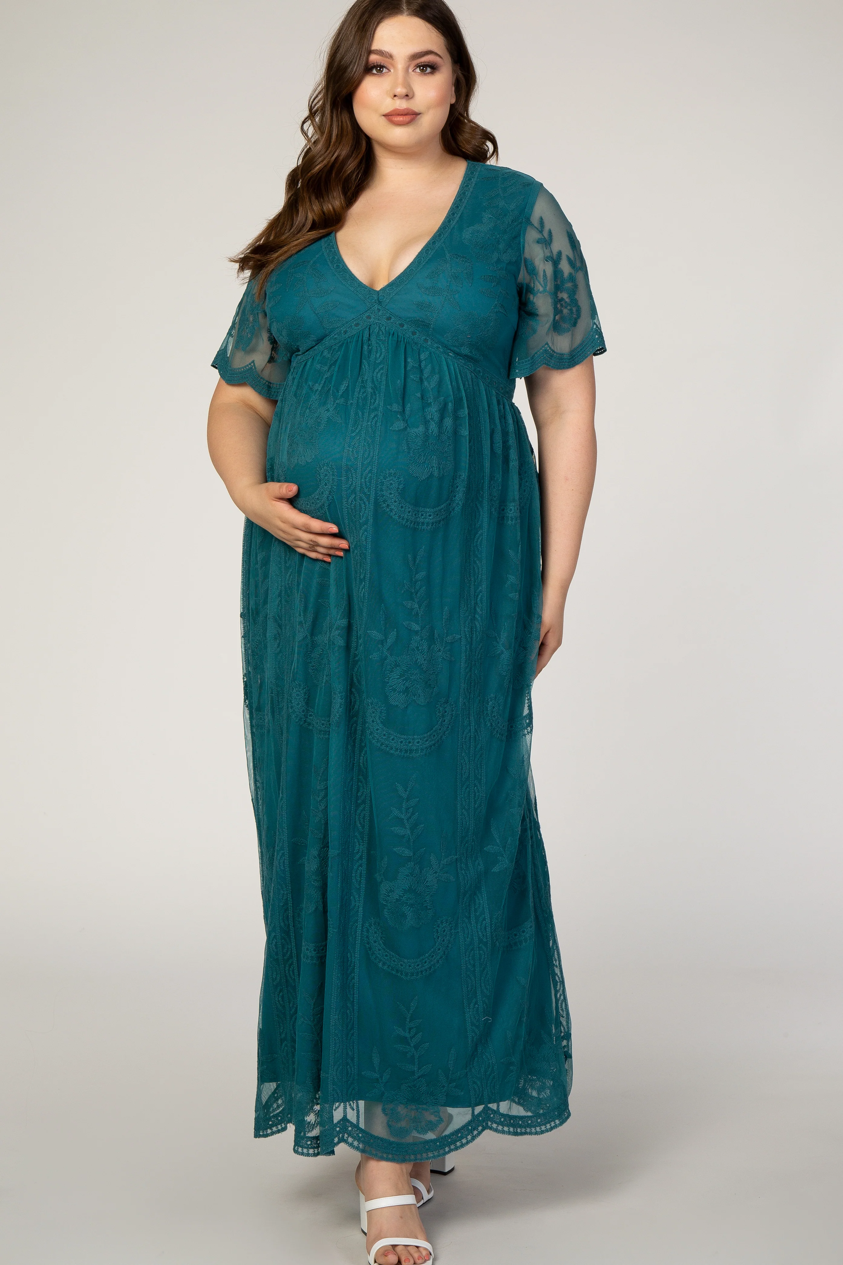 PinkBlush Teal Lace Mesh Overlay Plus Maternity Maxi Dress - Image 4