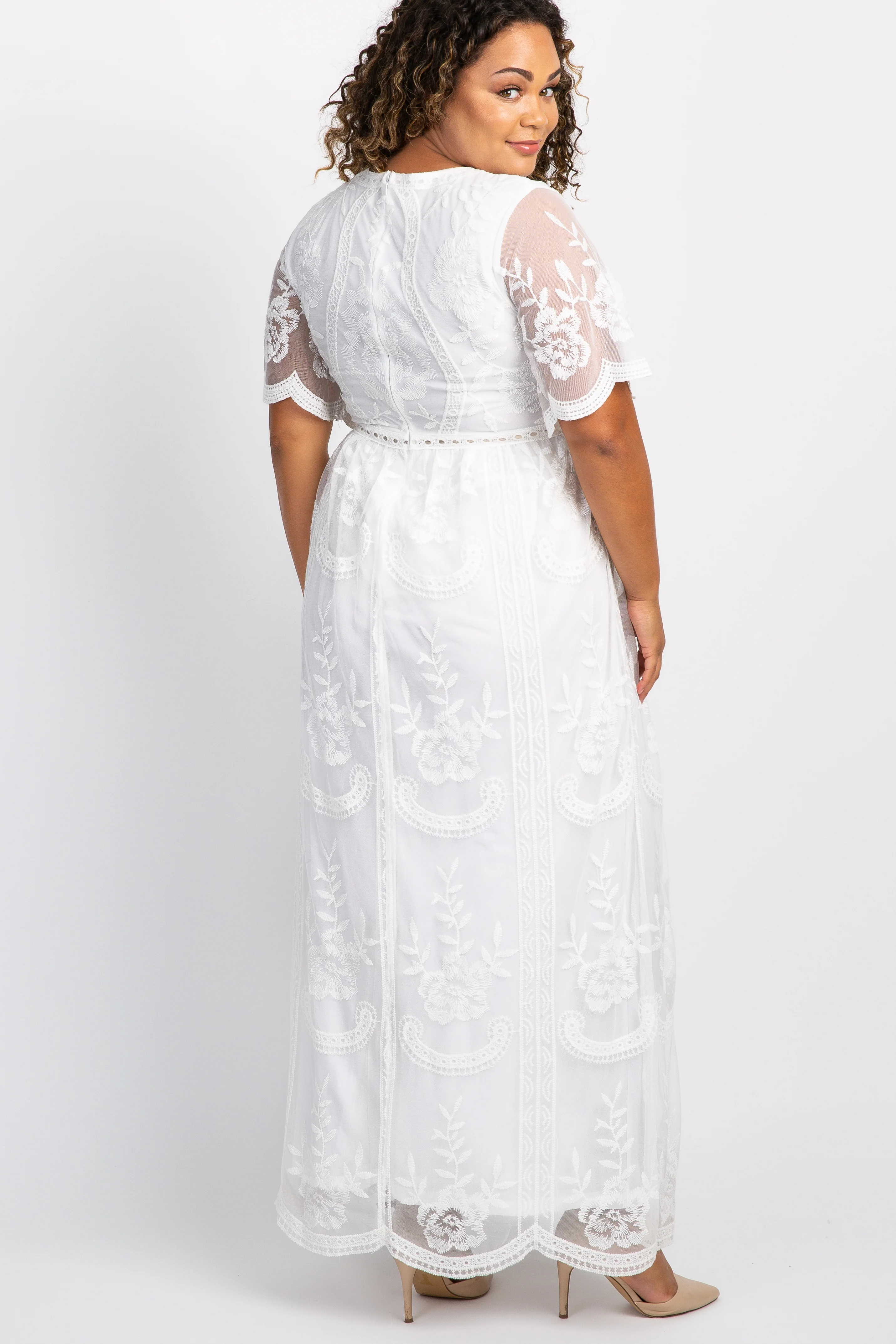 PinkBlush White Lace Mesh Overlay Plus Maternity Maxi Dress - Image 3
