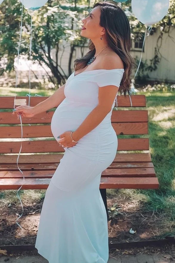 PinkBlush White Off Shoulder Wrap Maternity Photoshoot Gown/Dress - Image 5