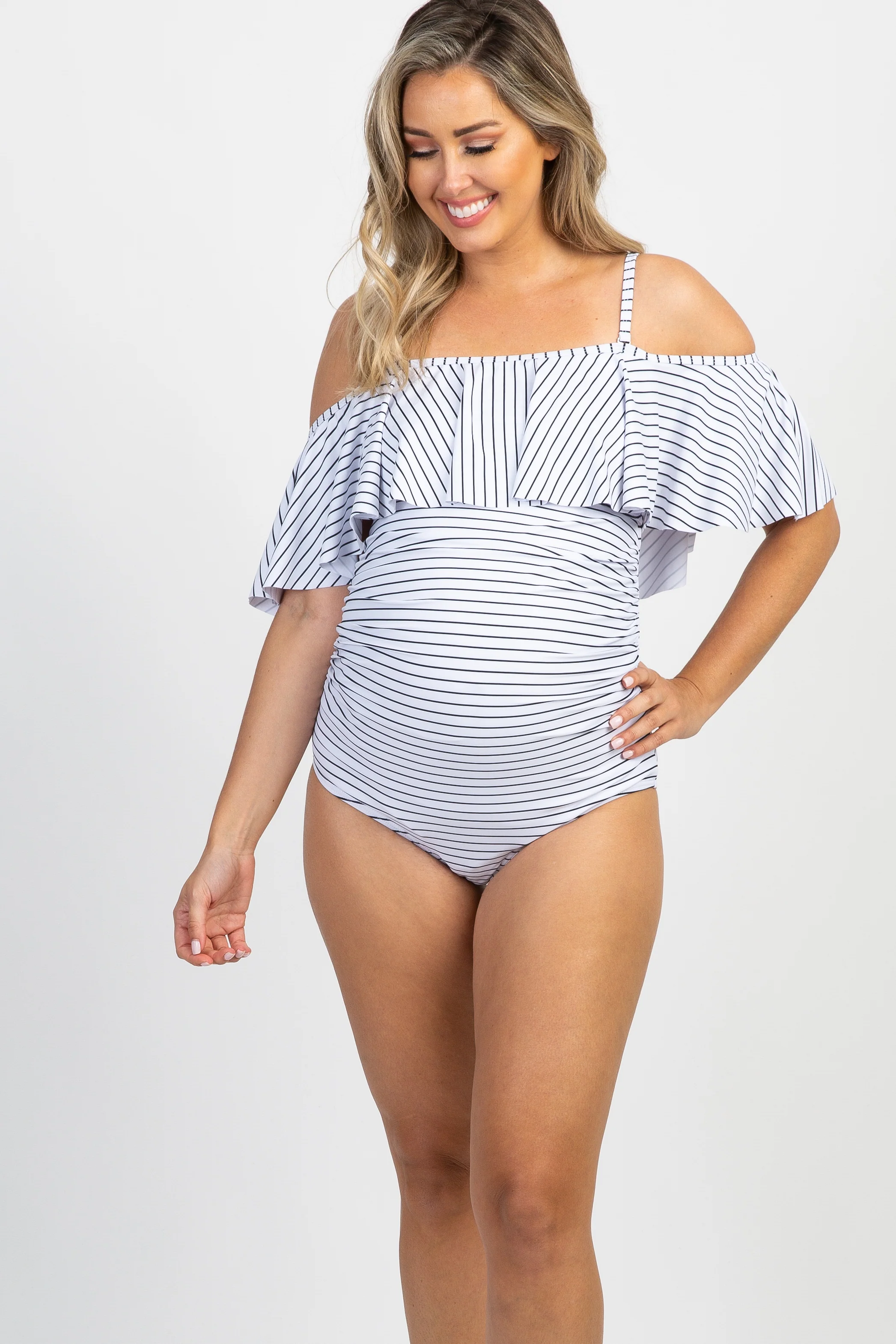 PinkBlush White Striped Ruffle Trim Ruched One-Piece Maternity Swimsuit - Image 4