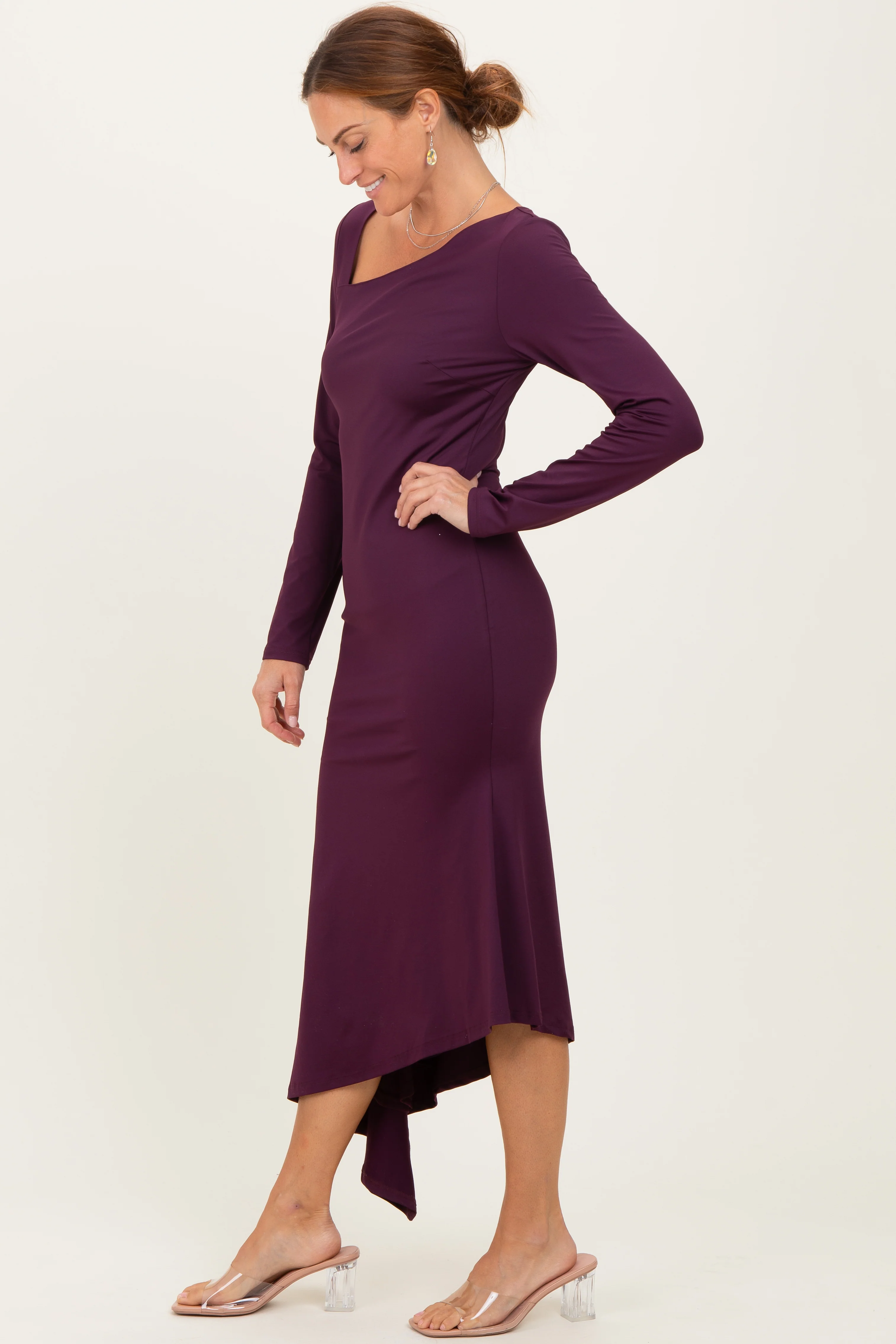 Plum Asymmetric Hem Midi Dress - Image 3