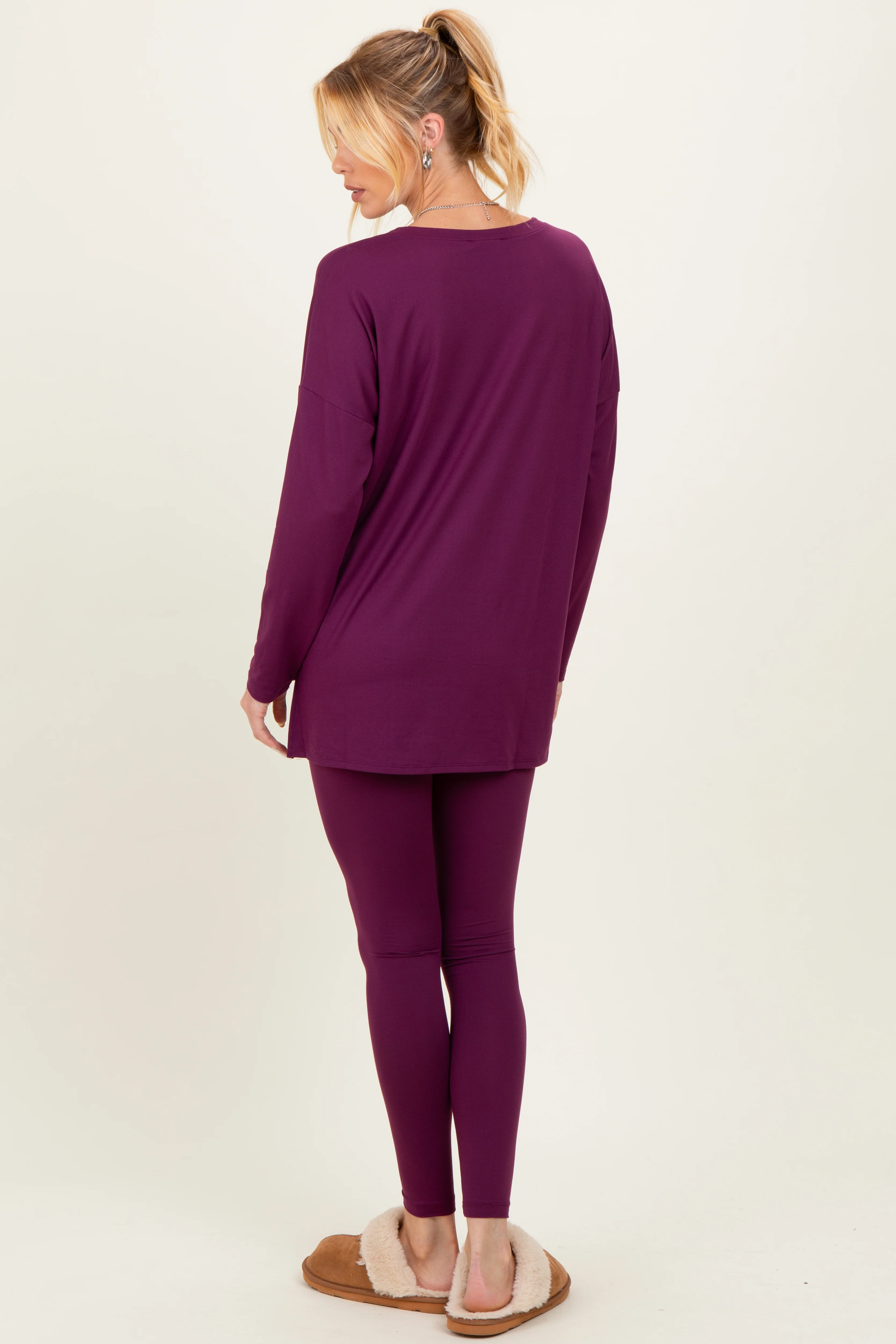 Plum Brushed Knit Maternity Oversized Top and Legging Set - Image 4