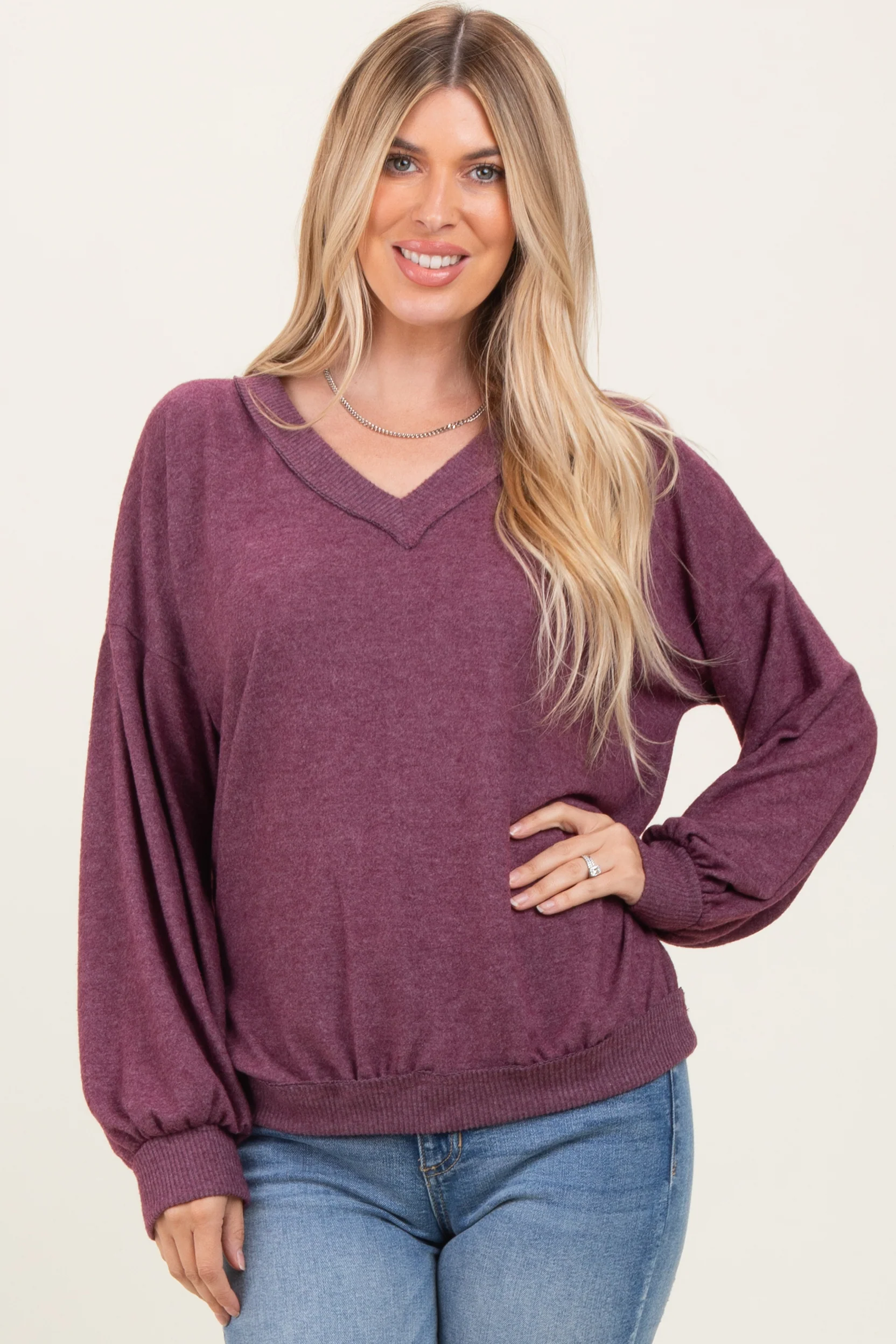 Plum Brushed Long Sleeve Ribbed V-Neck Maternity Top - Image 5
