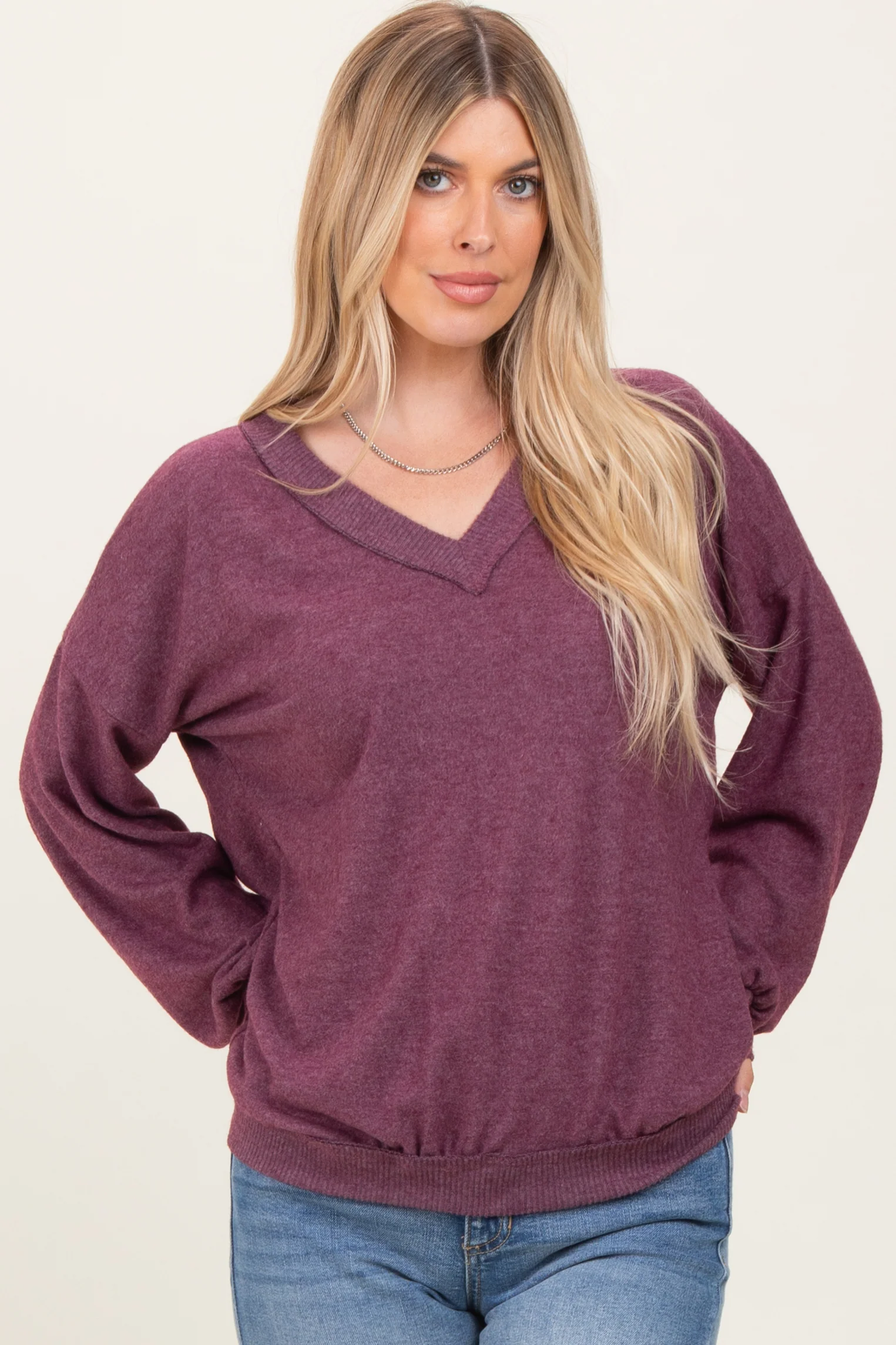 Plum Brushed Long Sleeve Ribbed V-Neck Top - Image 2