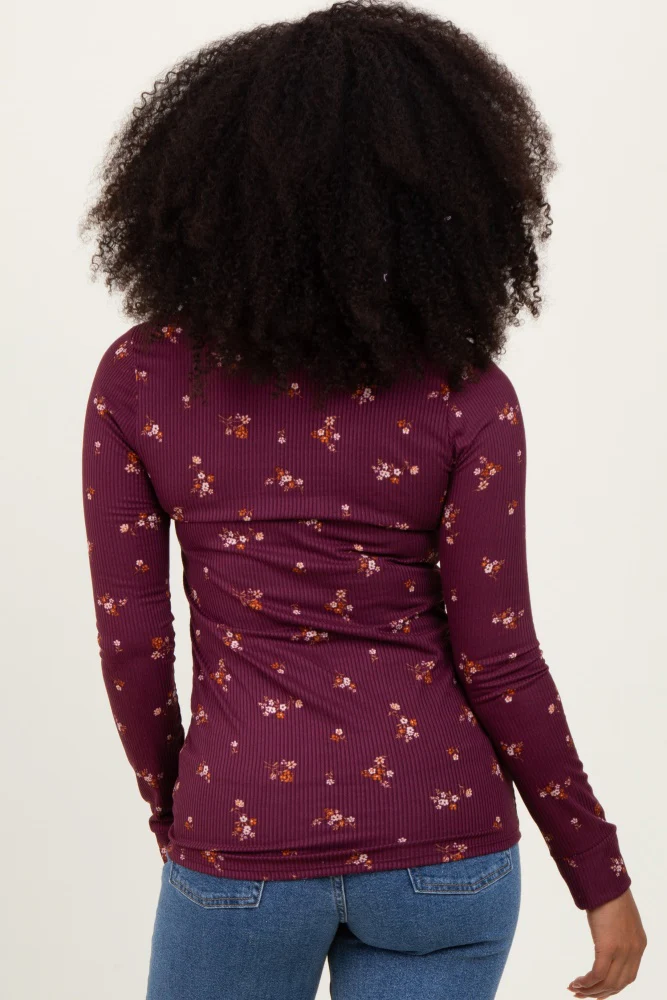 Plum Floral Henley Long Sleeve Top - Image 4