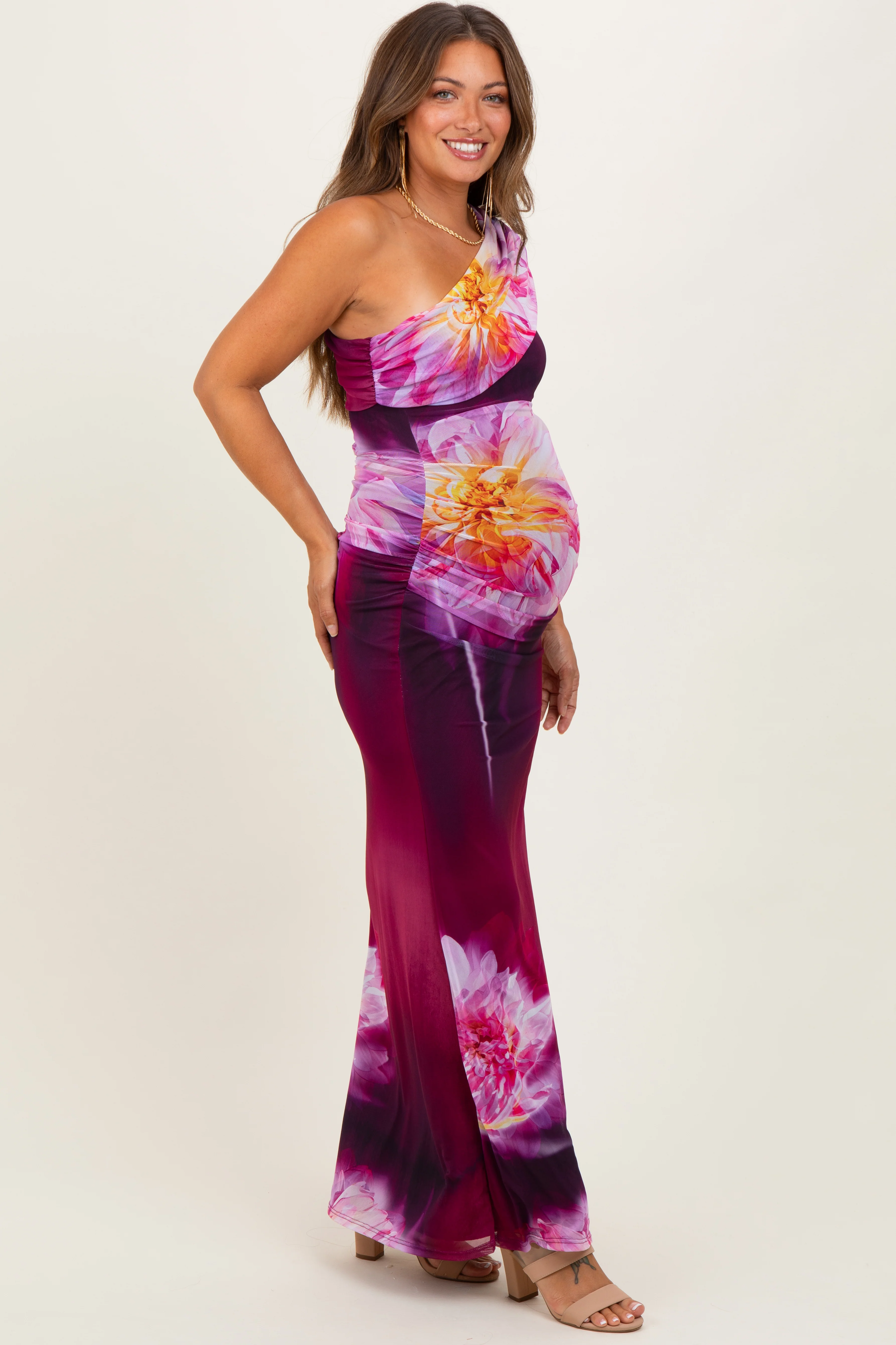 Plum Floral One Shoulder Maternity Maxi Dress - Image 3