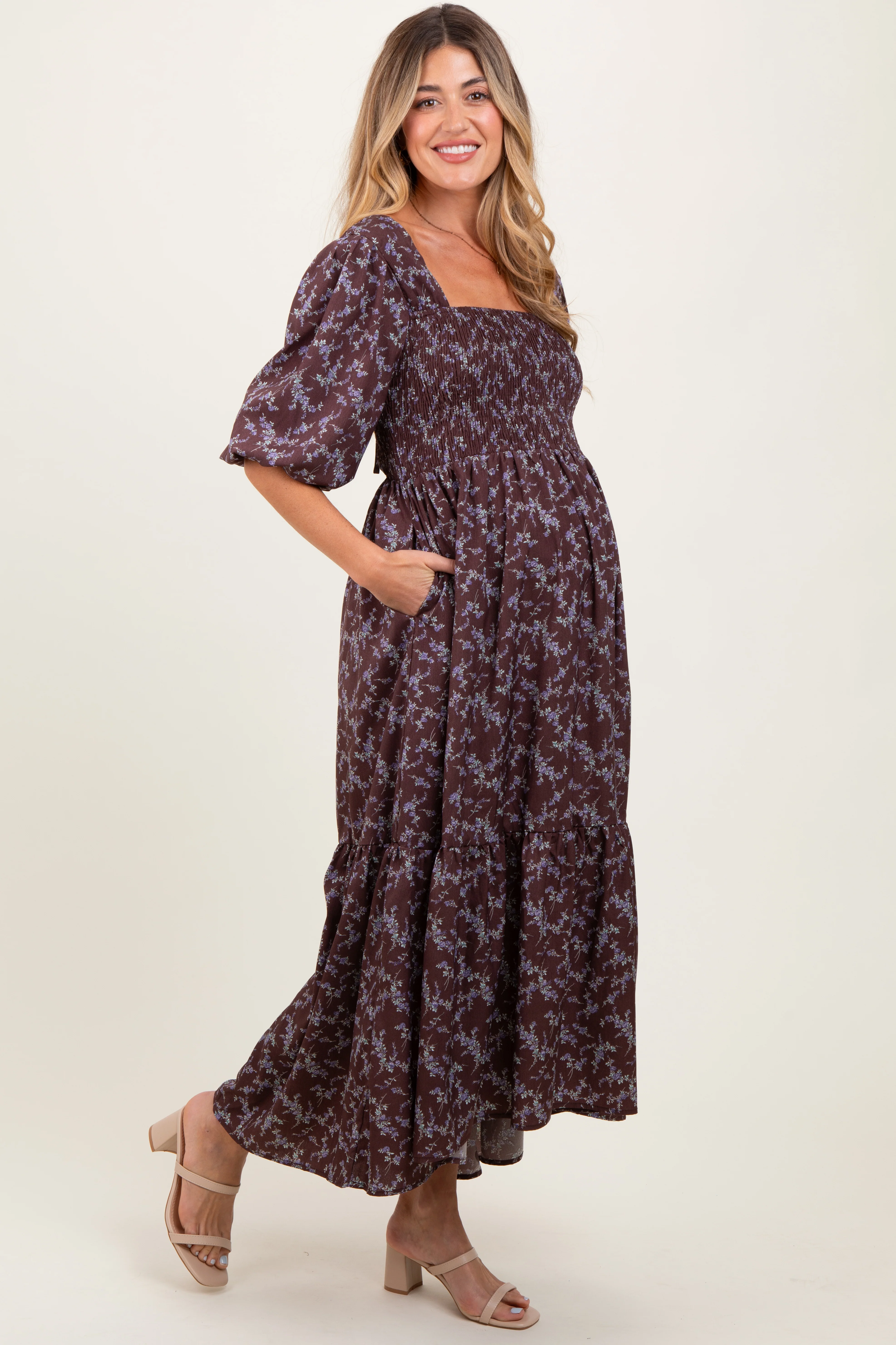 Plum Floral Smocked Hi-Low Puff Sleeve Maternity Maxi Dress - Image 3