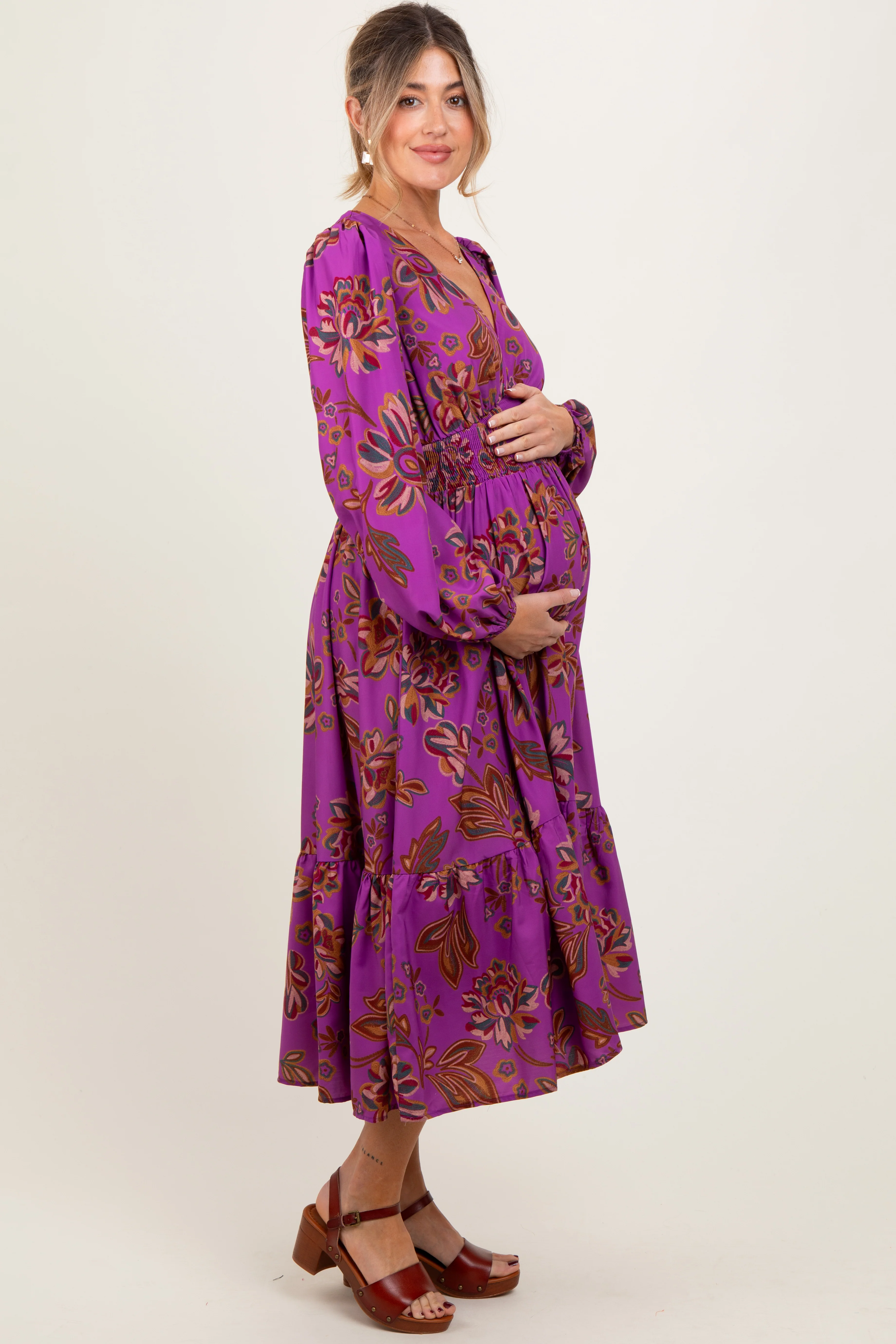 Plum Floral Smocked Waist Long Sleeve Maternity Midi Dress - Image 3