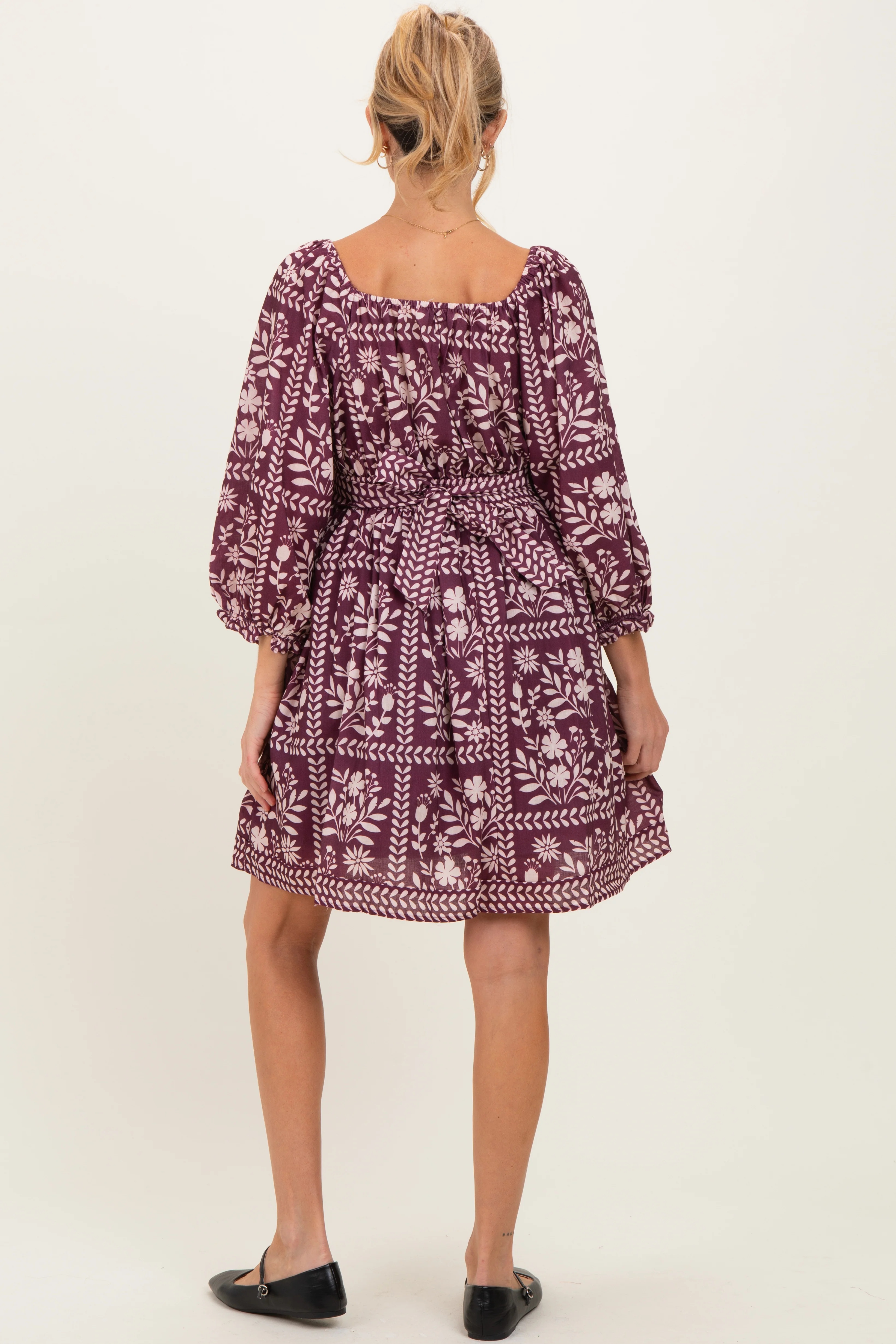 Plum Floral Square Neck Bubble Sleeve Maternity Dress - Image 4